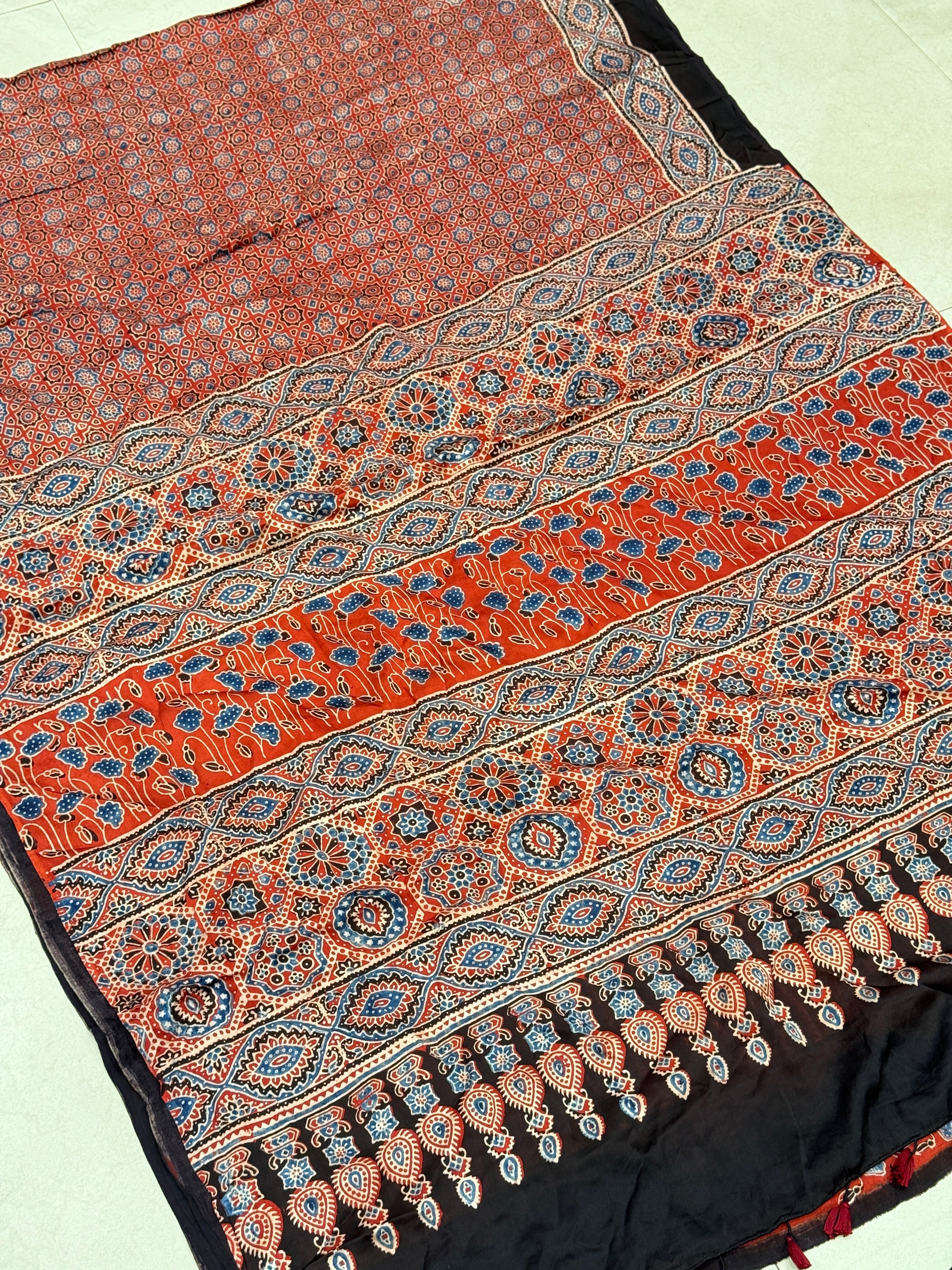 Red Star Butti Ajrakh Block Print Hand Pure Gajji Silk Saree