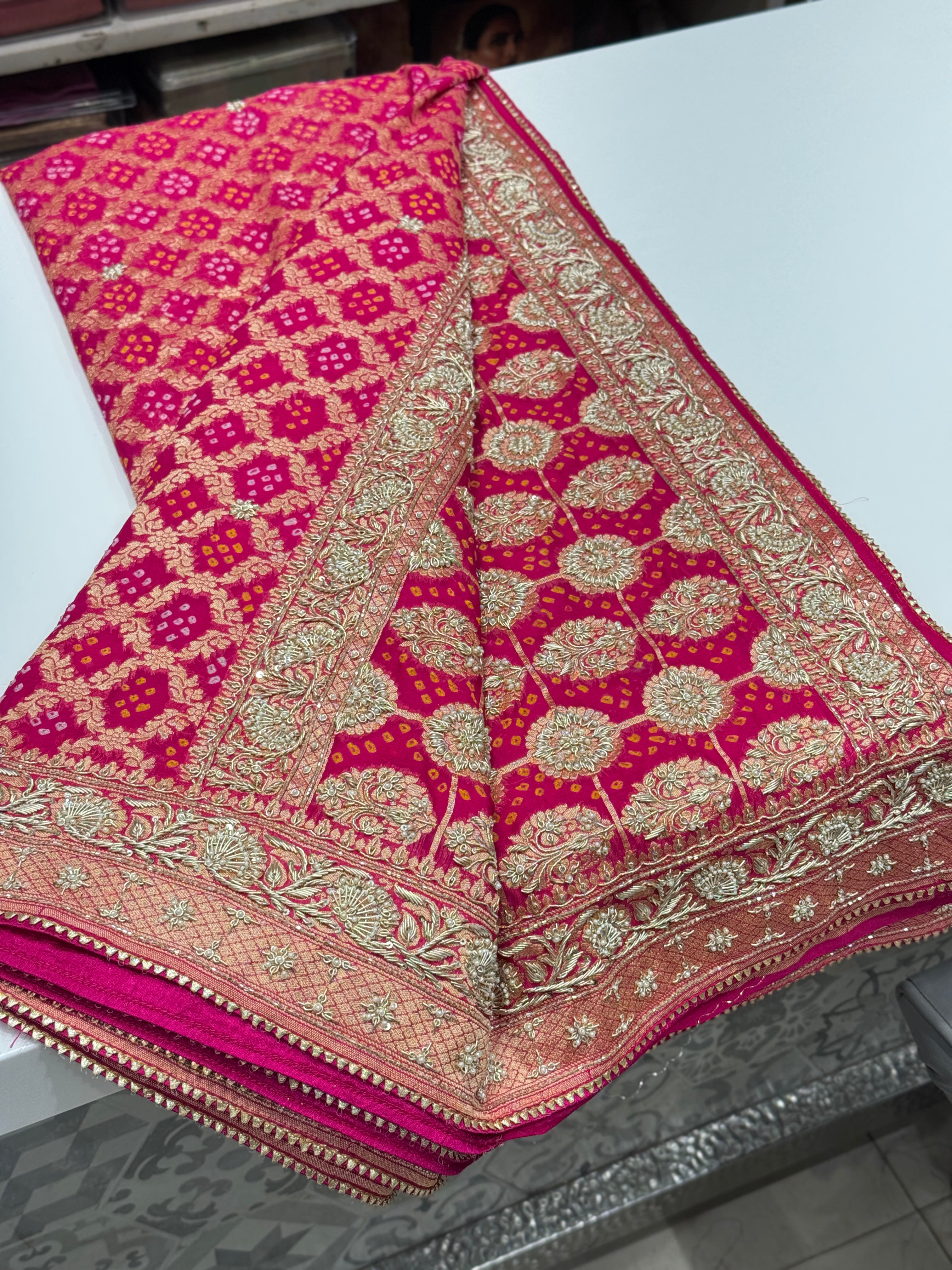Rani Bandhej Zardosi Hand Embroidery Saree