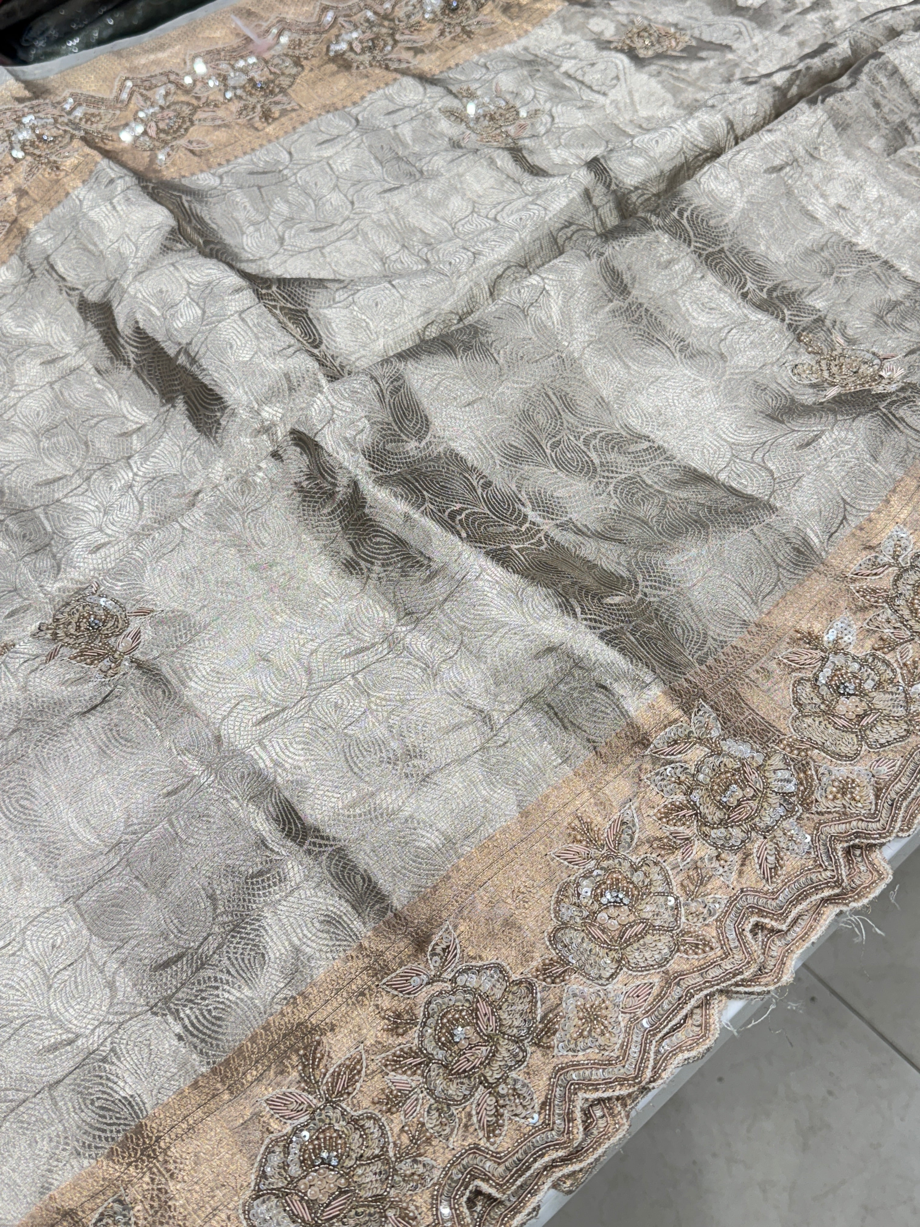 Silver Tissue Kanjivaram Hand Embroidery Contemporary Style Saree