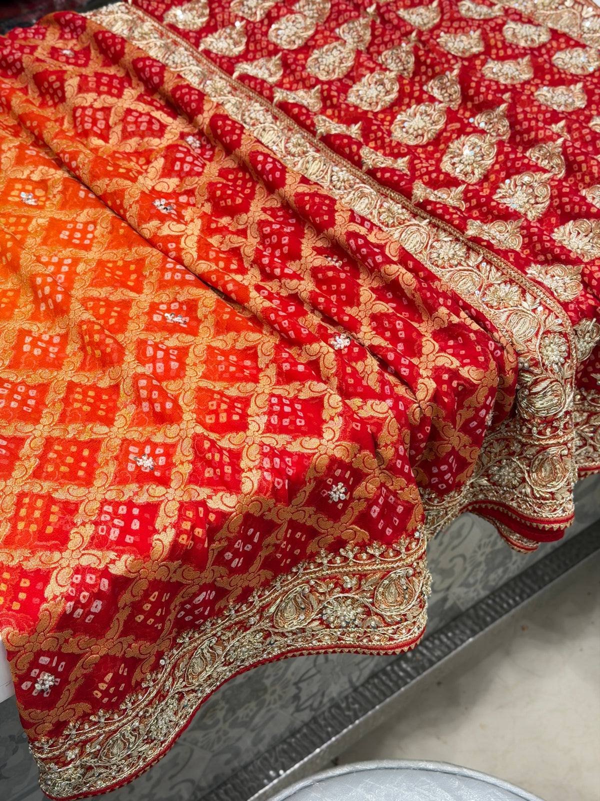 Red Orange Shaded Bandhej Georgette Saree Zardosi Hand Embroidery Saree