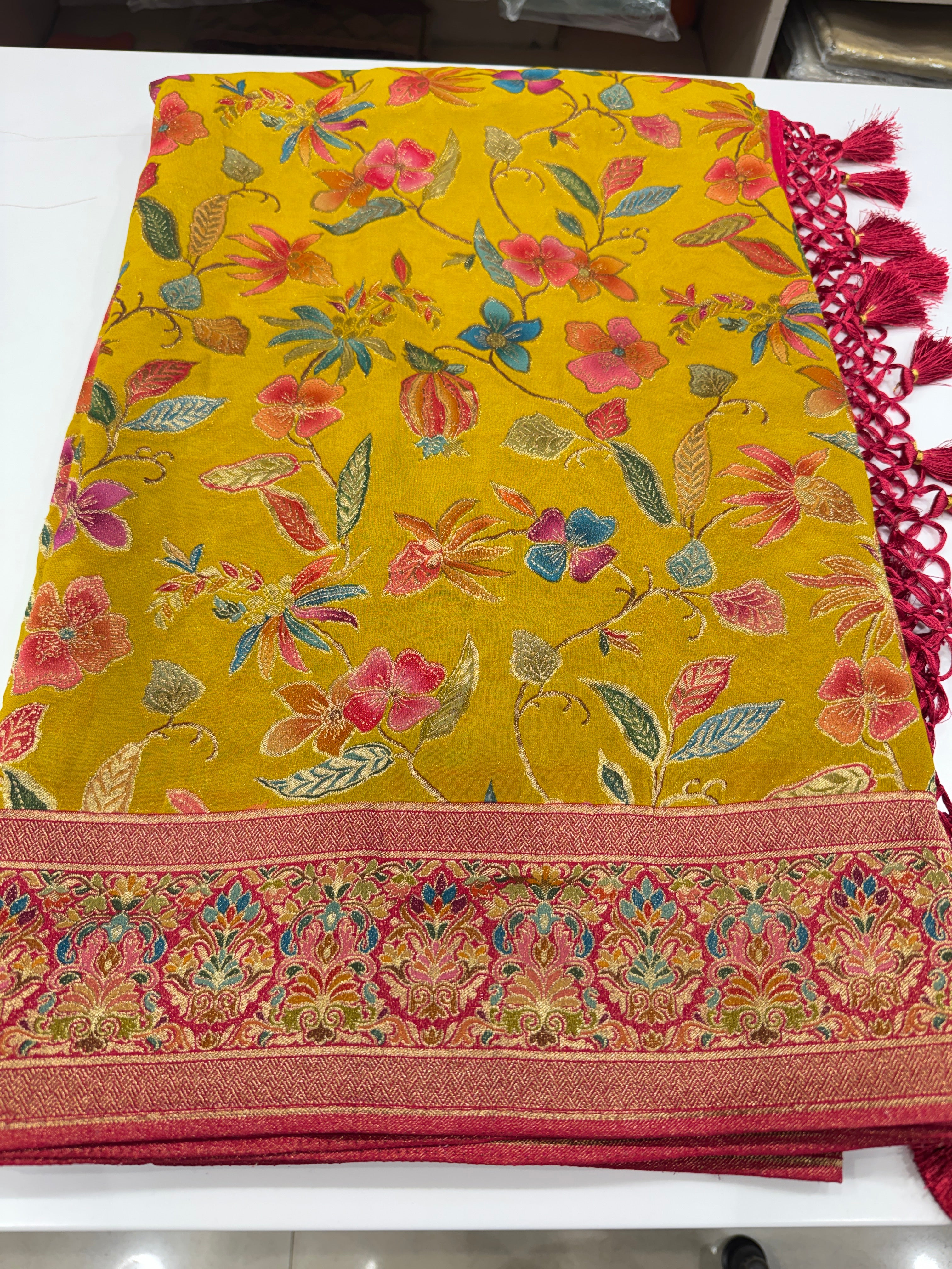 Yellow Banarasi Khaddi Georgette Brush Effect Saree