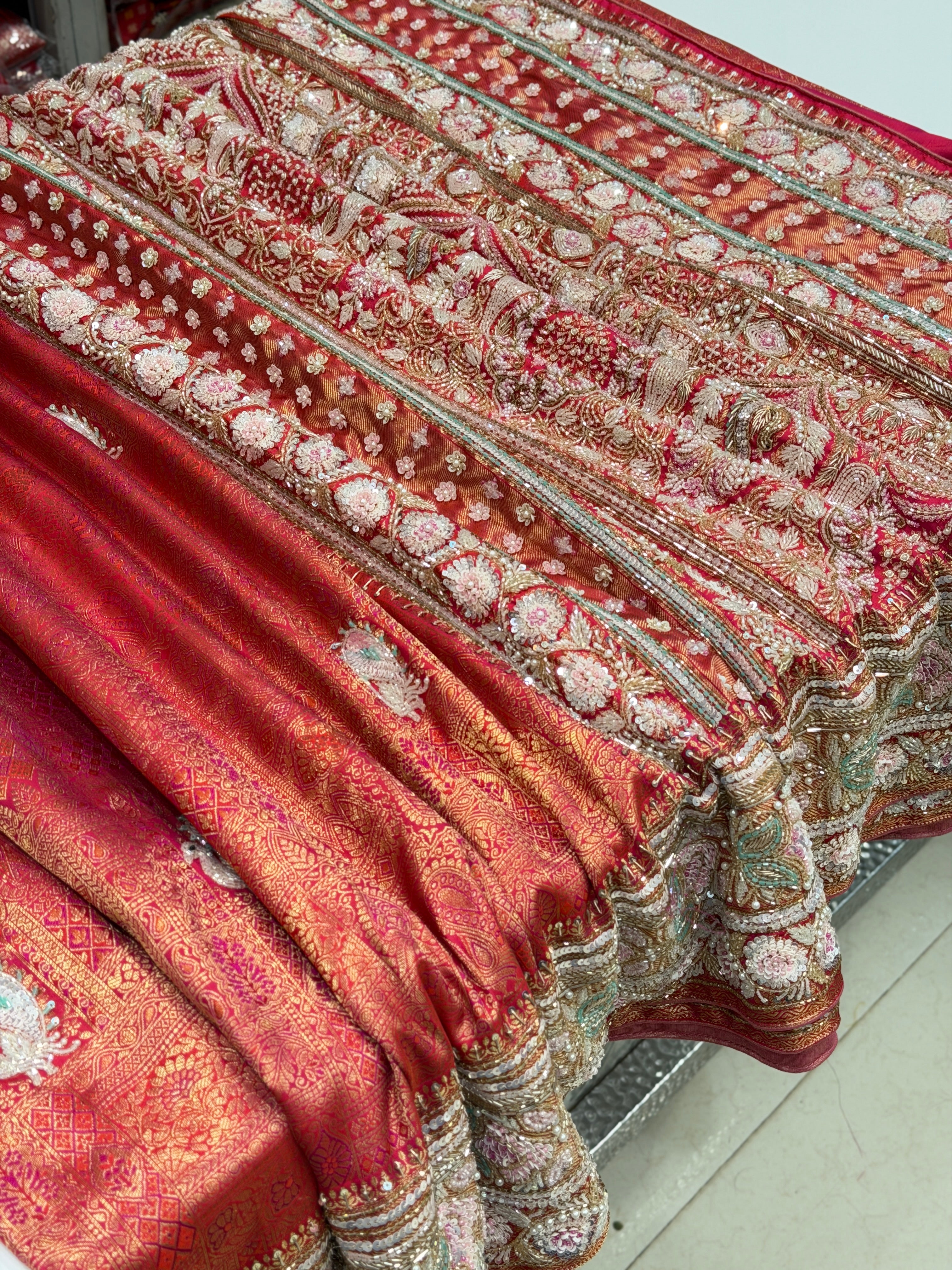 Rani Pink Kanjivaram Moti Zardosi Peacock Motif Hand Embroidery Saree