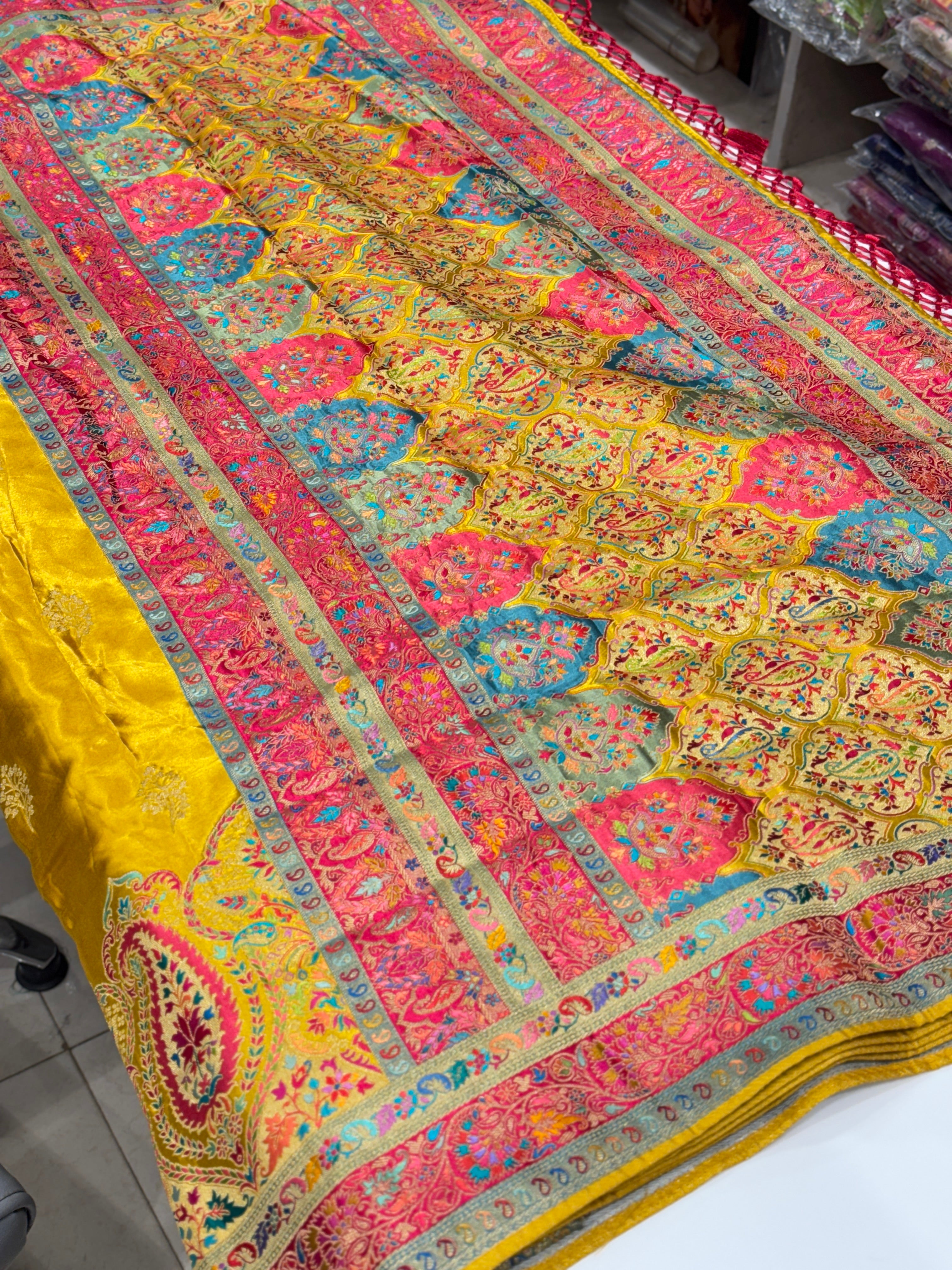 Yellow Banarasi Modal Satin Saree Pashmina Style Border