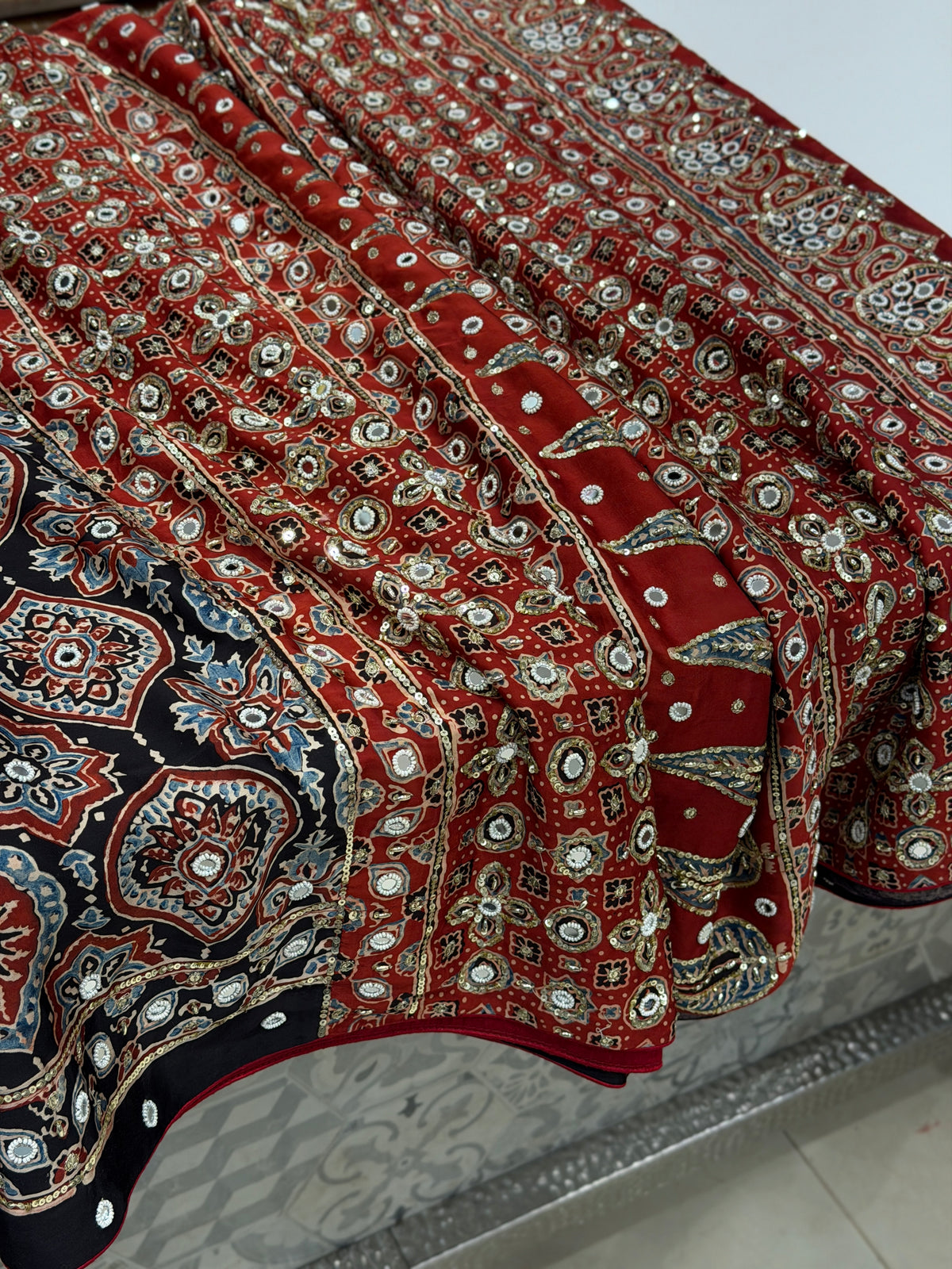 Black Red Badam Jaal Ajrakh Real Mirror Moti Sequin Hand Embroidery Saree