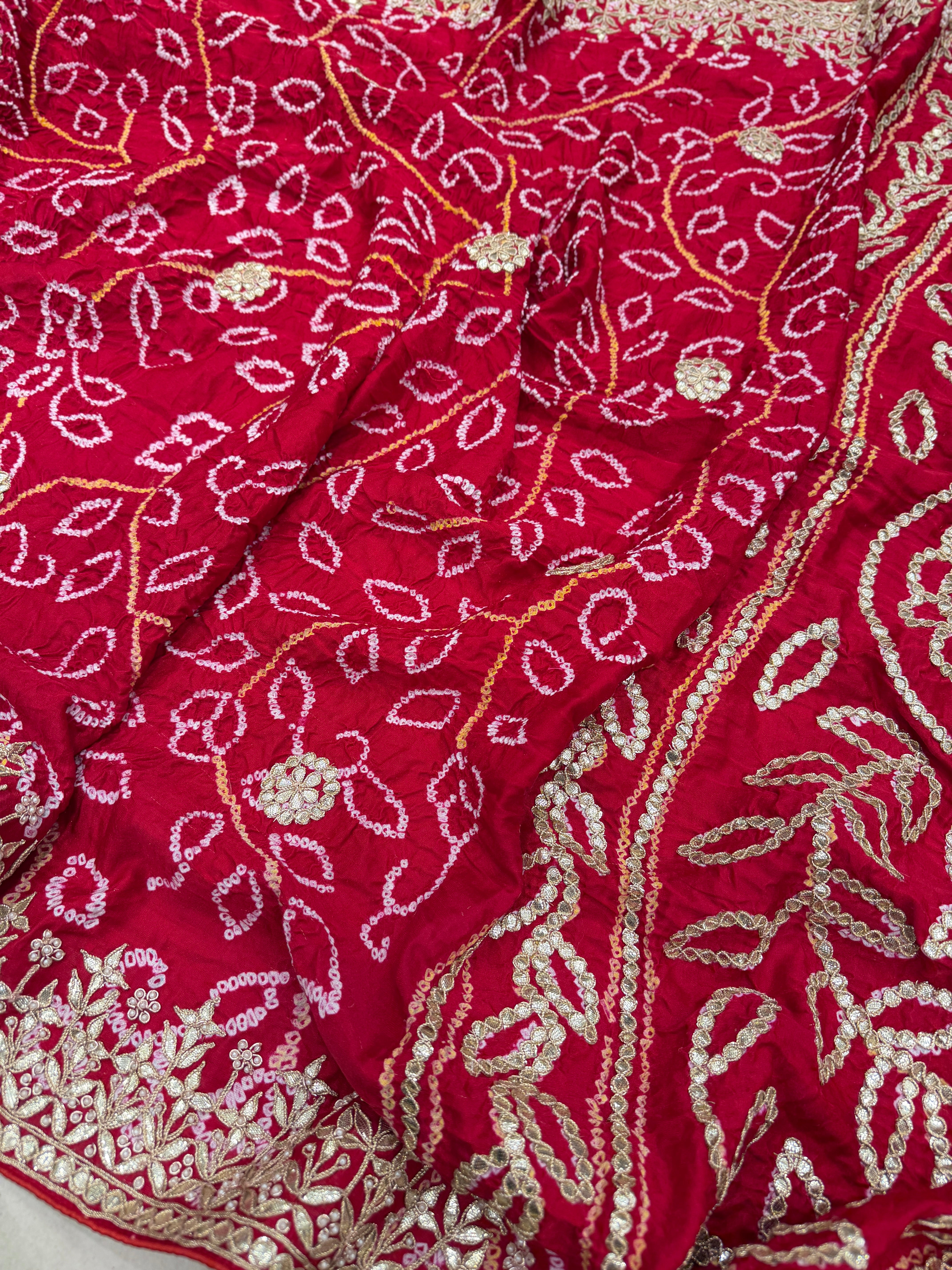 Red Gajji Silk Bandhej Hand Embroidery Gotapatti Marodi Saree