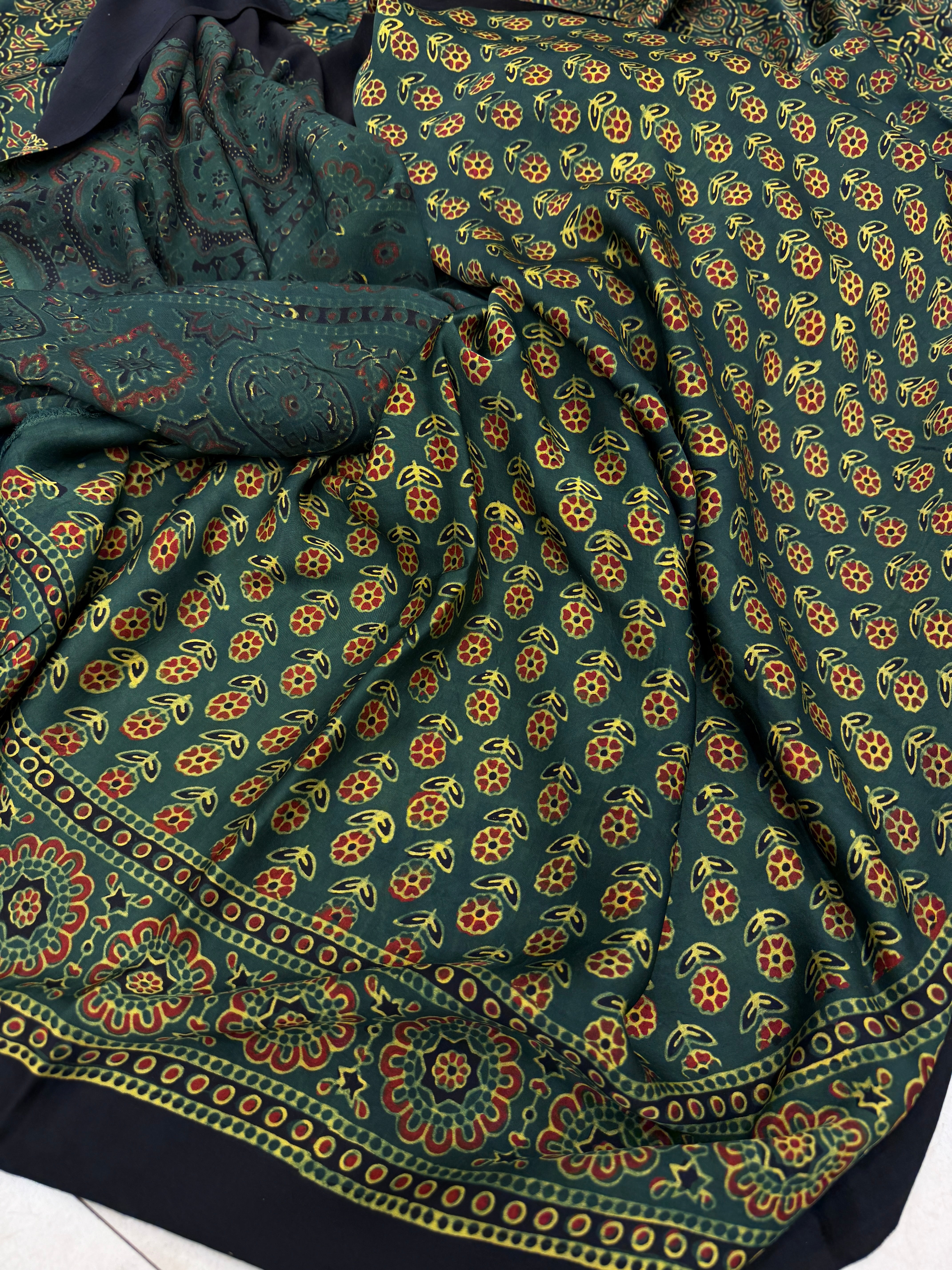 Green Ajrakh Hand Block Print Pure Modal Silk Saree