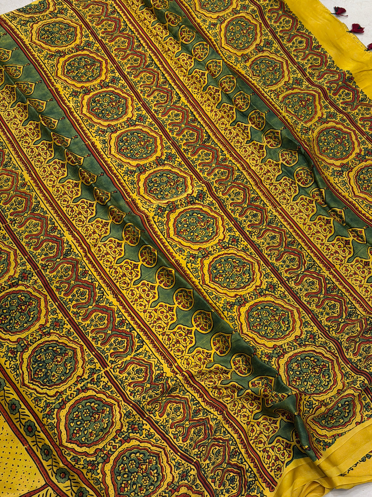 Yellow Dot Ajrakh Hand Block Print Pure Gajji Silk Saree