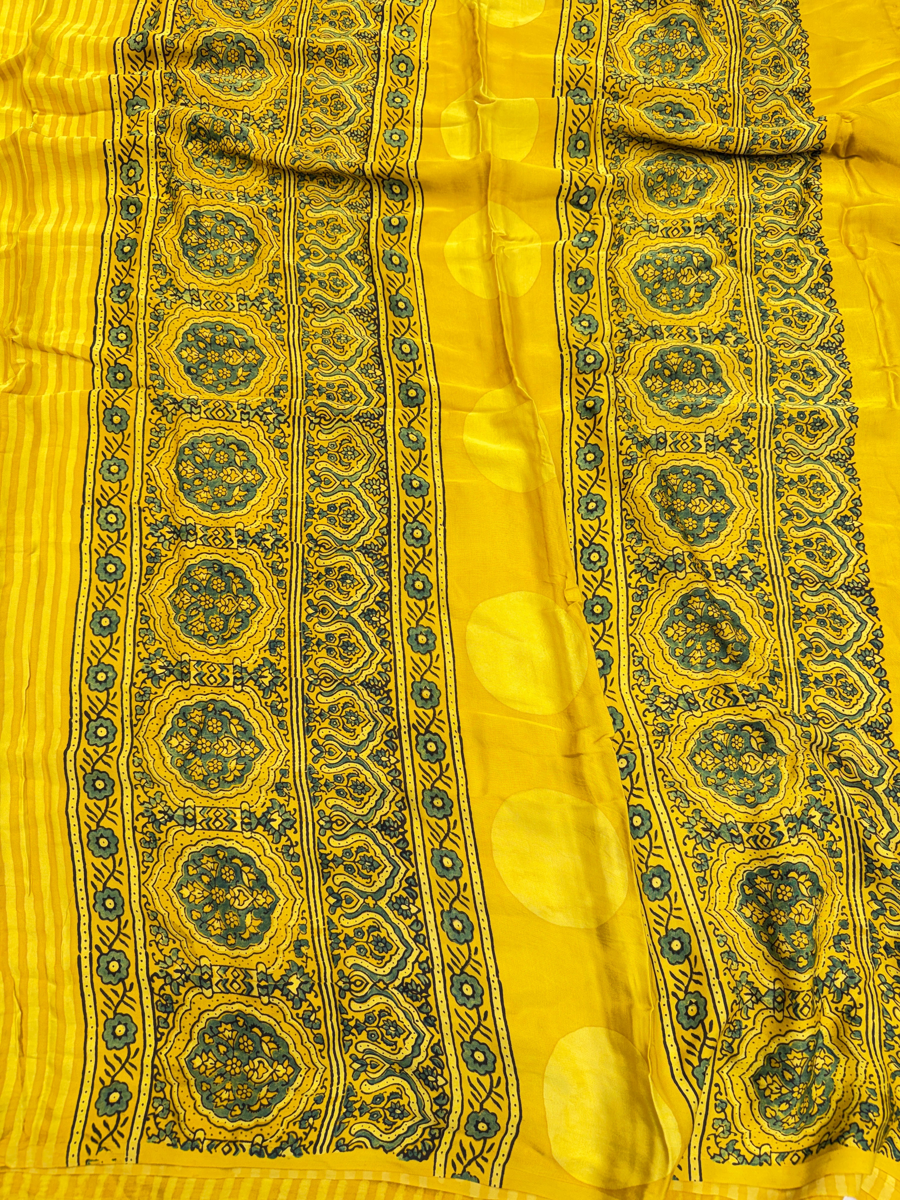 Yellow Contemporary Ajrakh Hand Block Print Pure Gajji Silk Saree