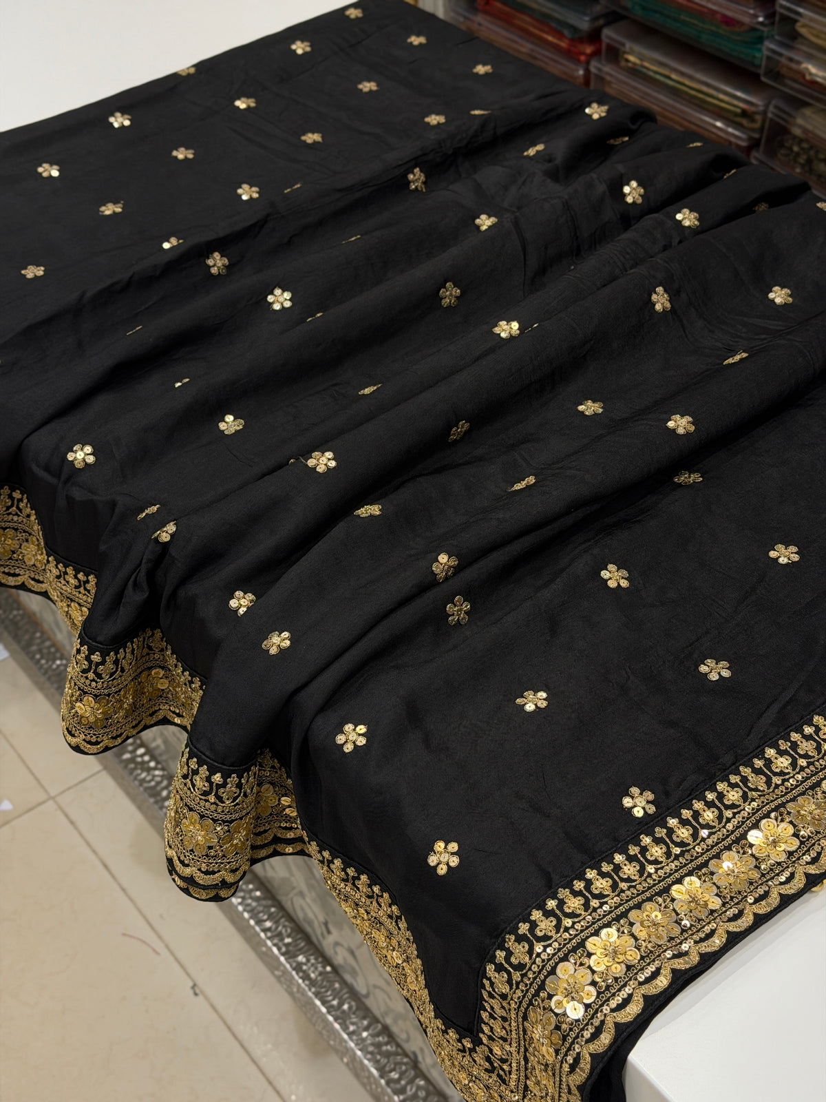 Black Pure Silk Sabyasachi Inspired Marodi Sequin Butti Saree