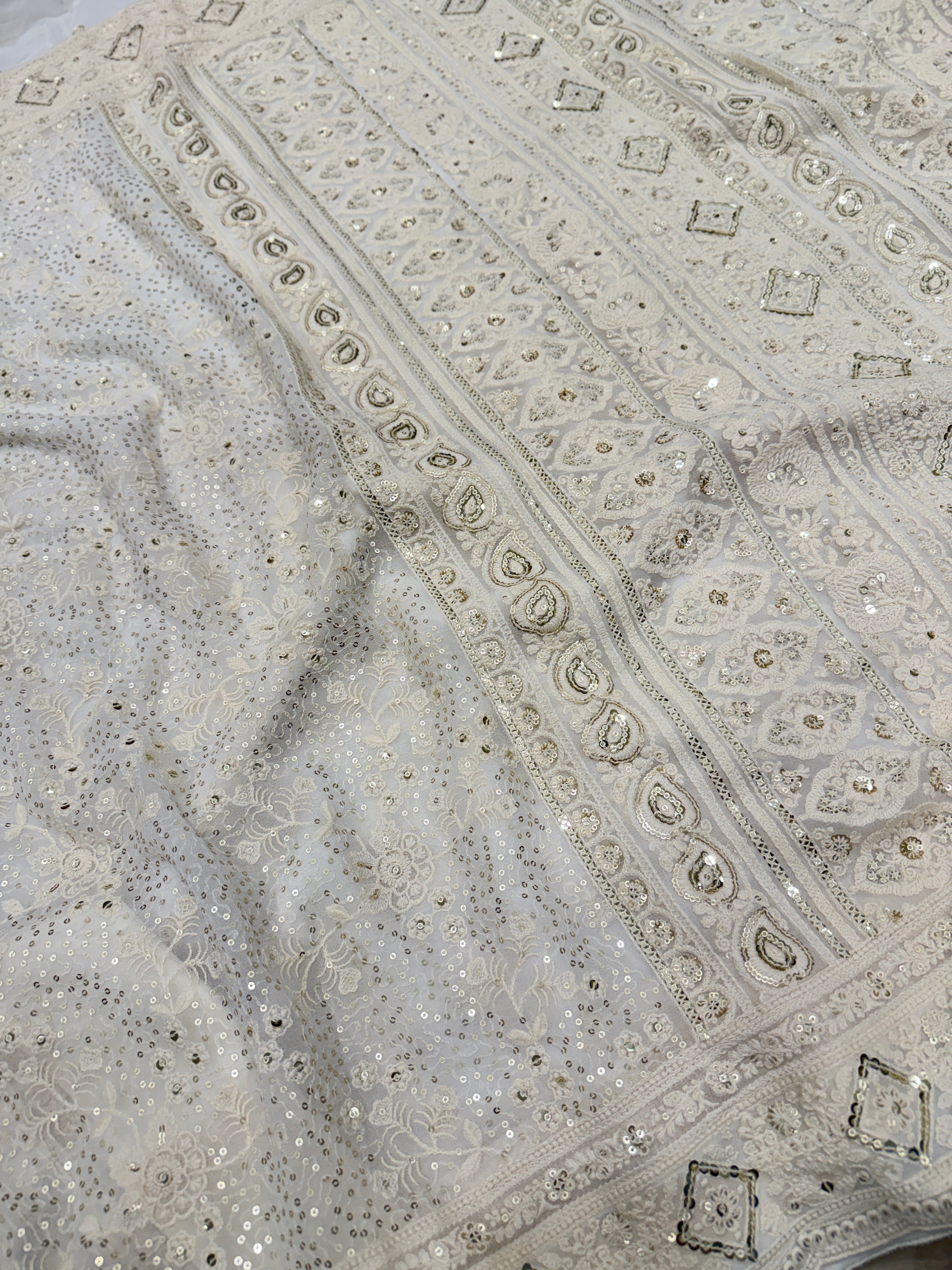 Moti White Sequin Embroidery Georgette Chikankari Resham Saree