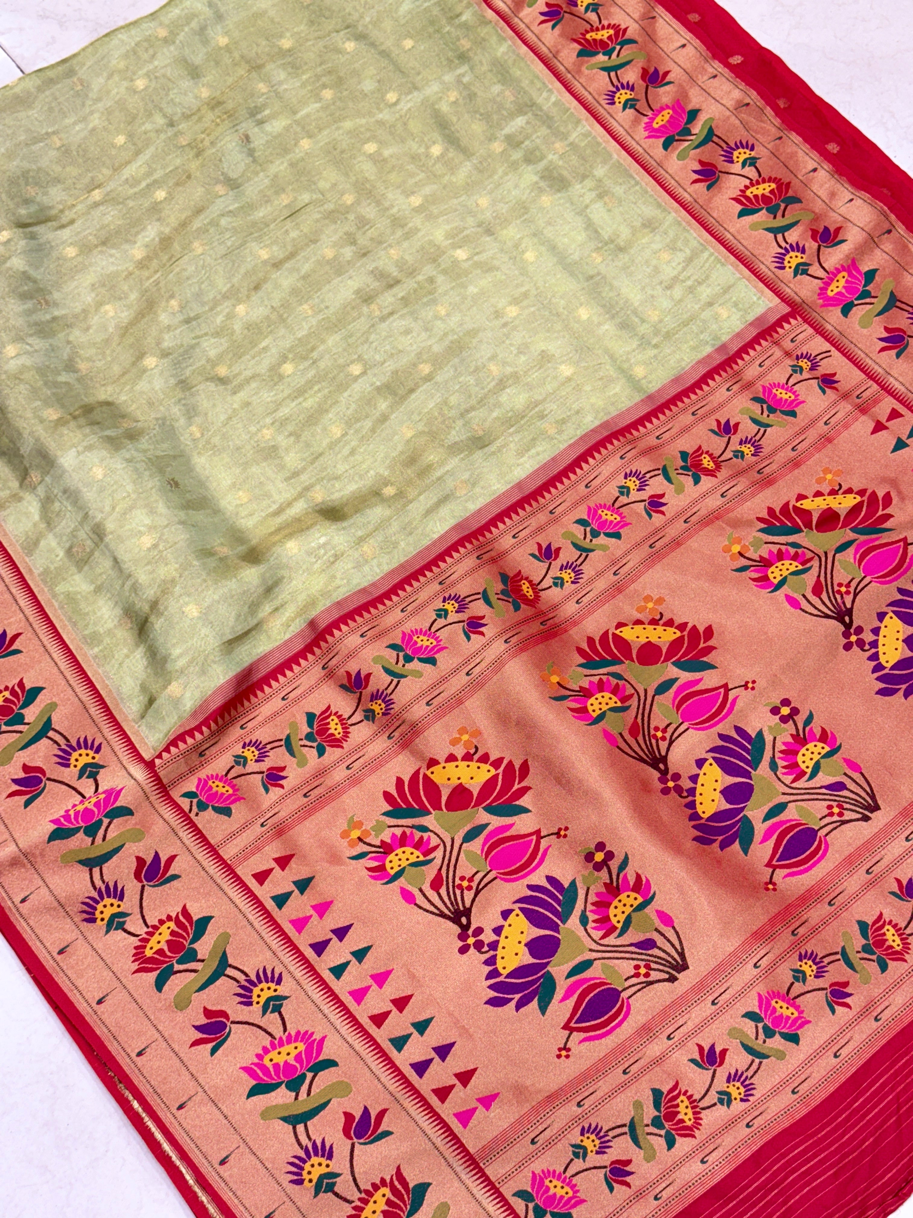 Pista Green Tissue Paithani Lotus Border Saree