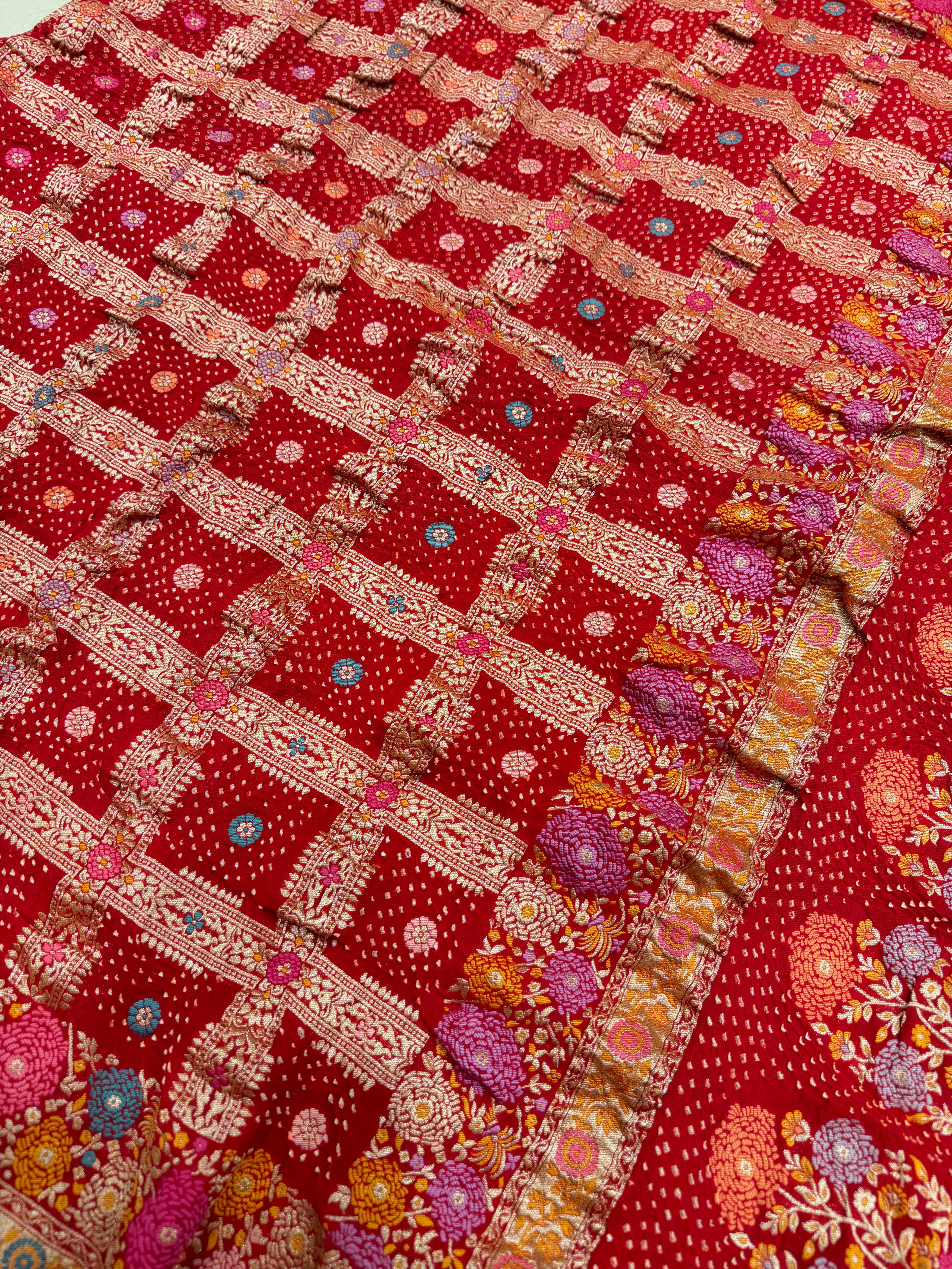 Red Meenakari Checkered Rai Bandhej Bandhini Saree