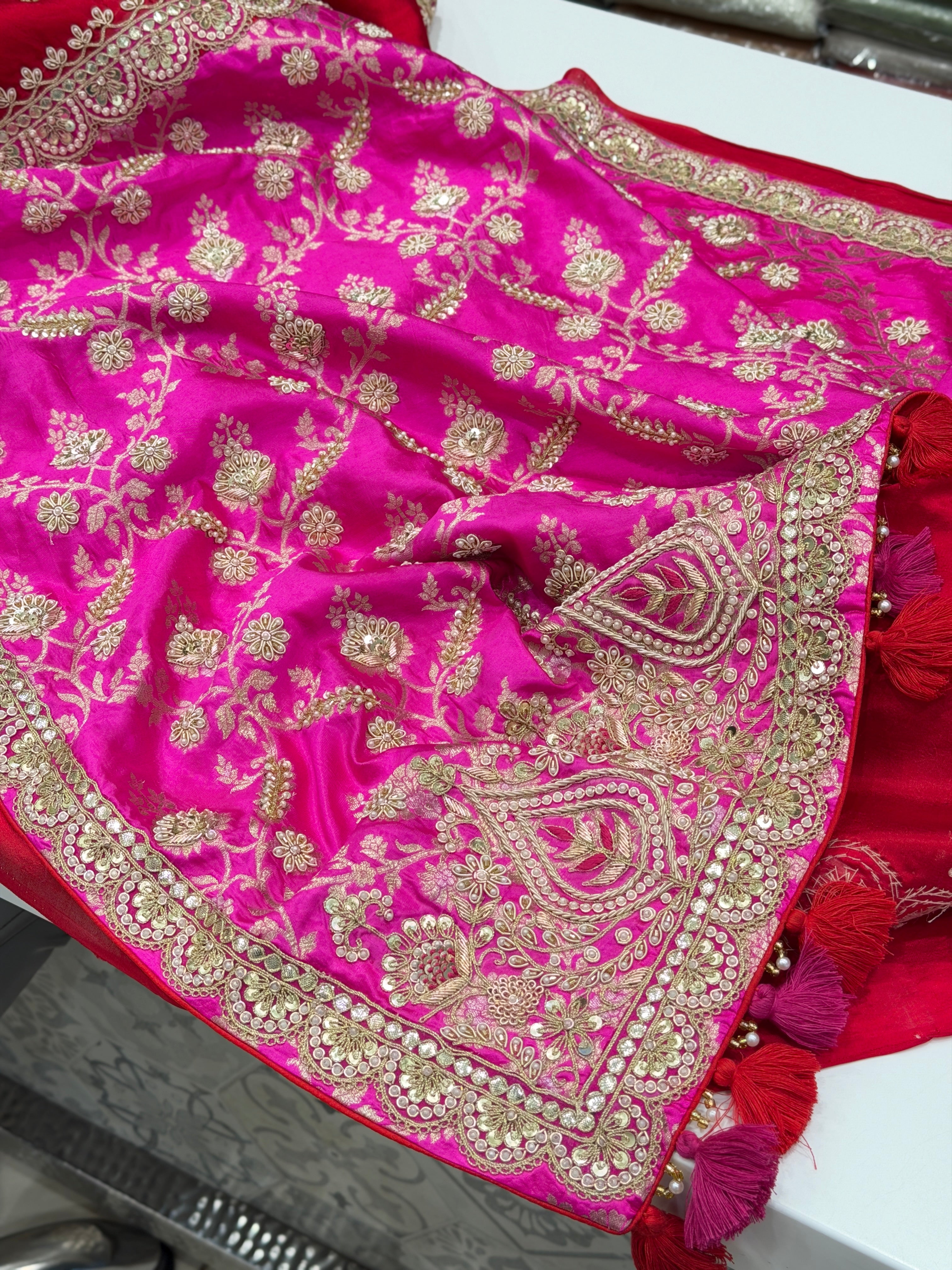 Red Rani Pink Pure Silk Katan Marodi Hand Embroidery Fusion Saree