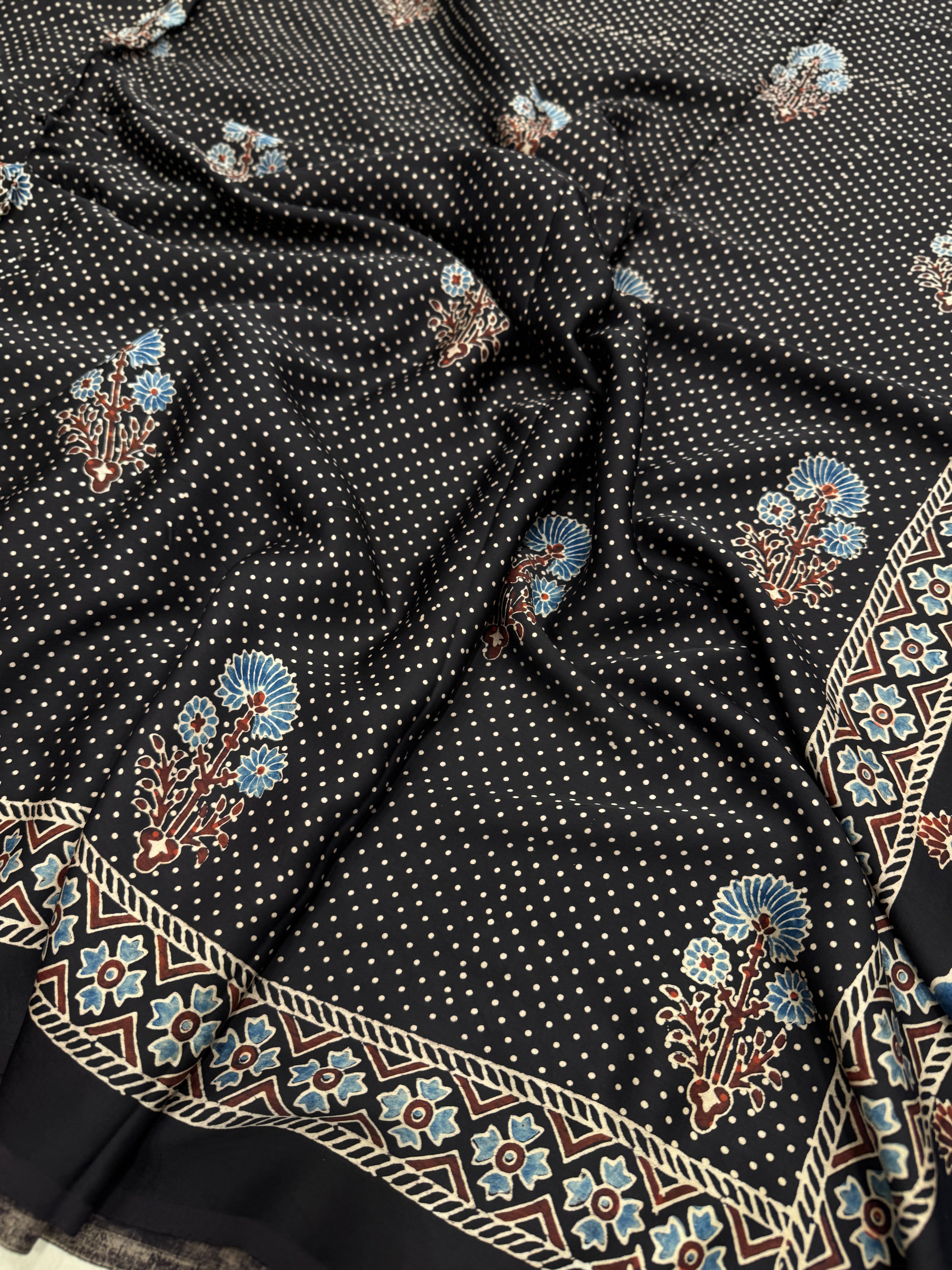 Black Floral Butti Dot Ajrakh Hand Block Print Pure Gajji Silk Saree