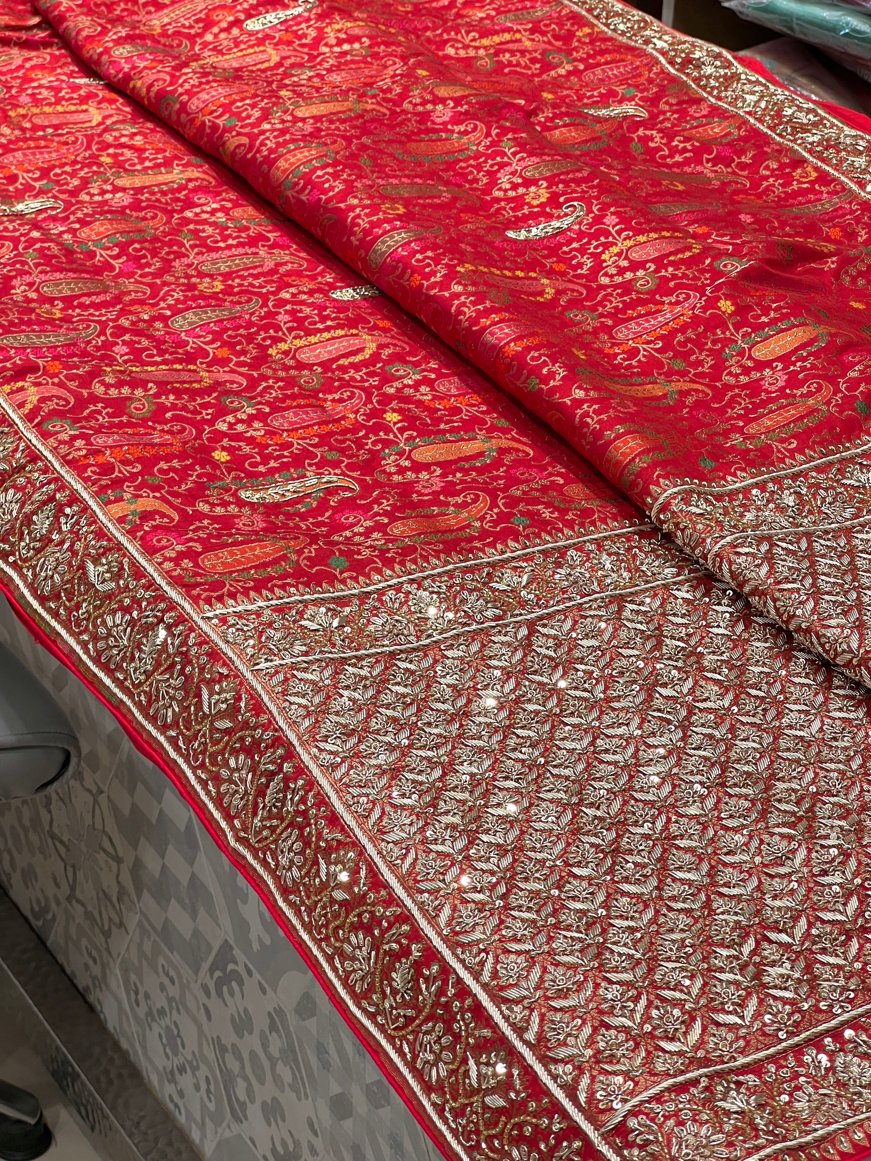 Red Meenakari Katan Hand Embroidered Zardozi Saree