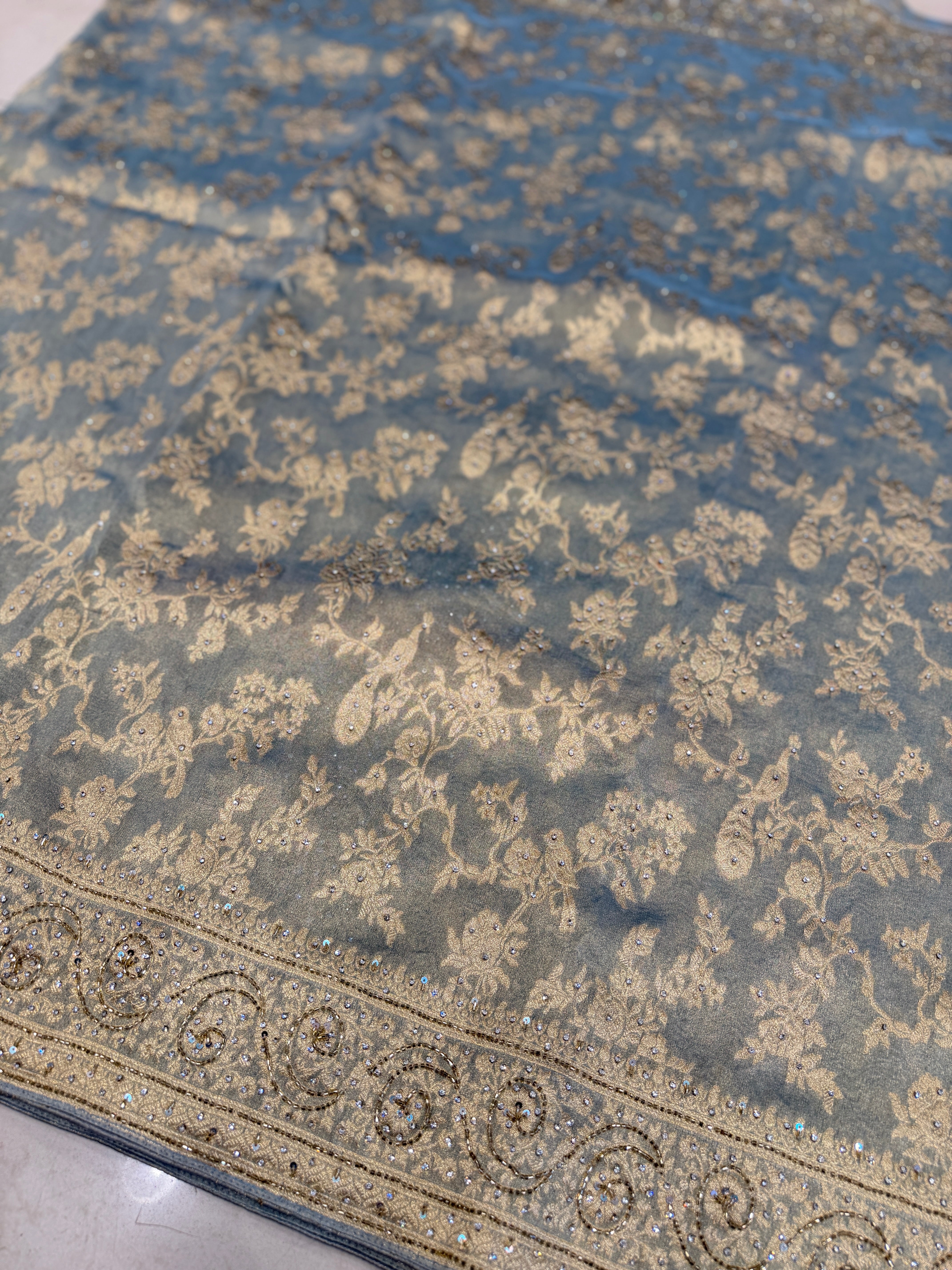 Space Blue Tissue Jaal Stone Hand Embroidery Saree