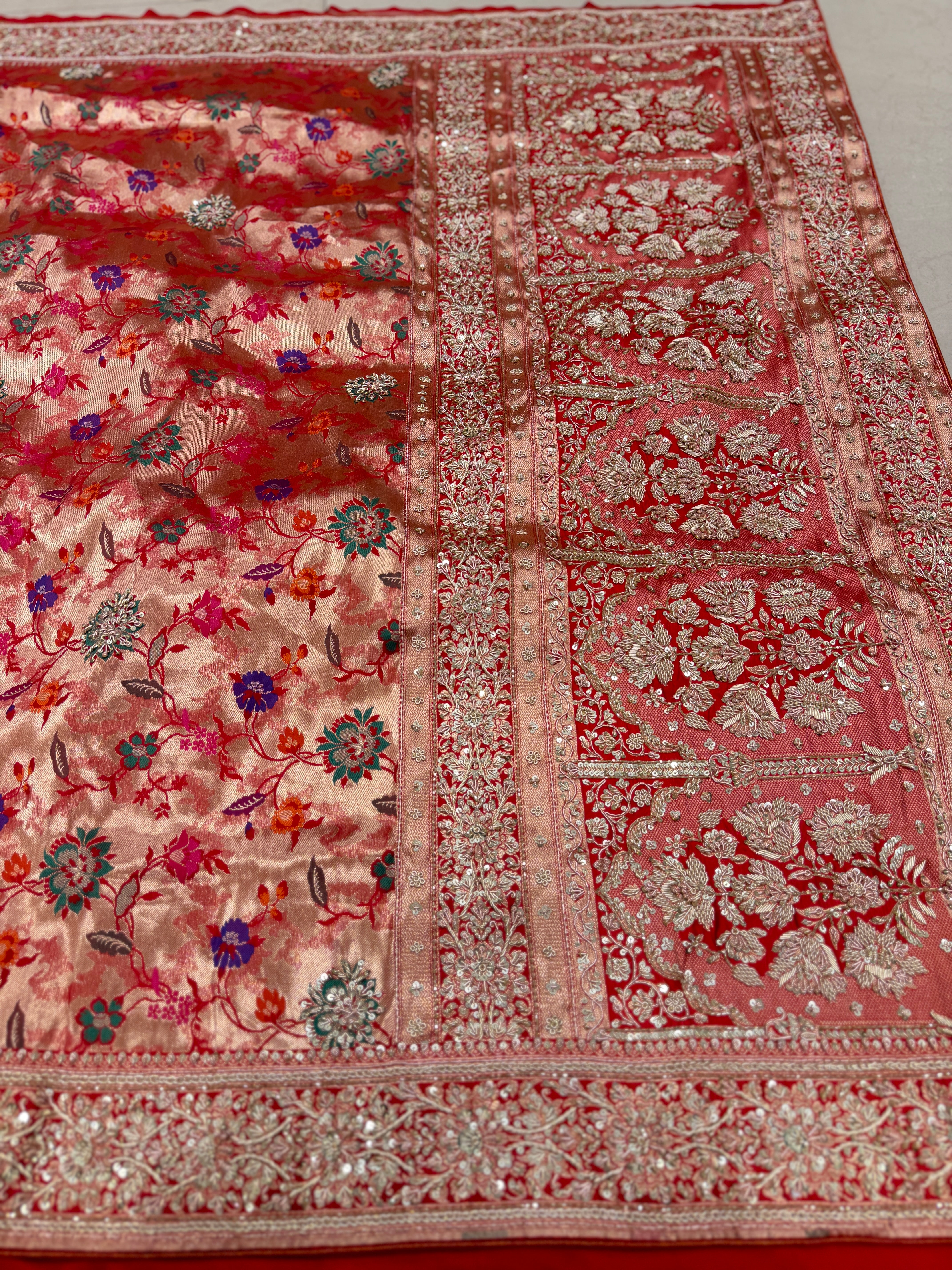 Banarasi Katan Tissue Meenakari Weave Zardosi Hand Embroidery Saree