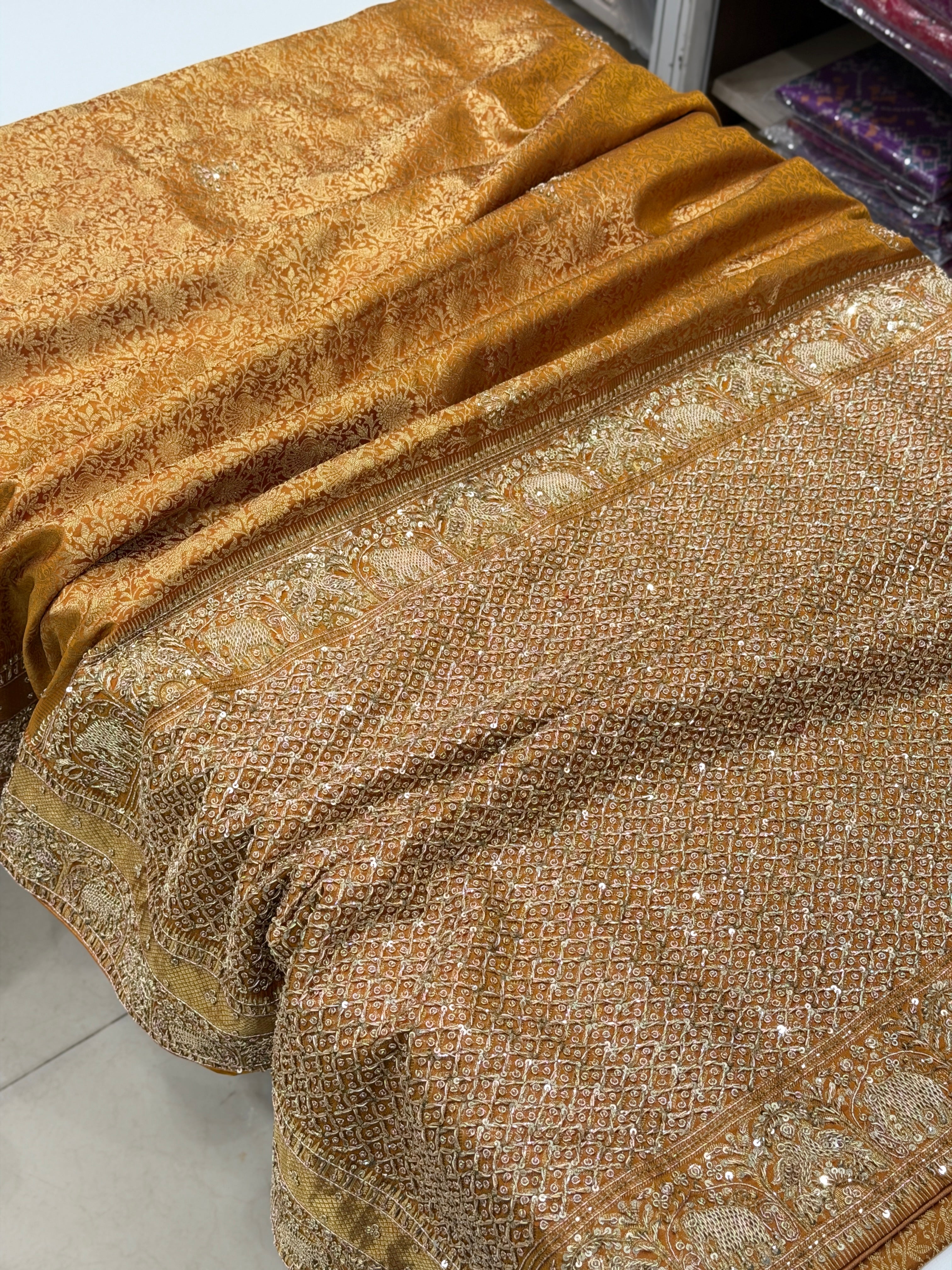 Mustard Yellow Kanjivaram Elephant Motif Hand Embroidery Zardosi Saree