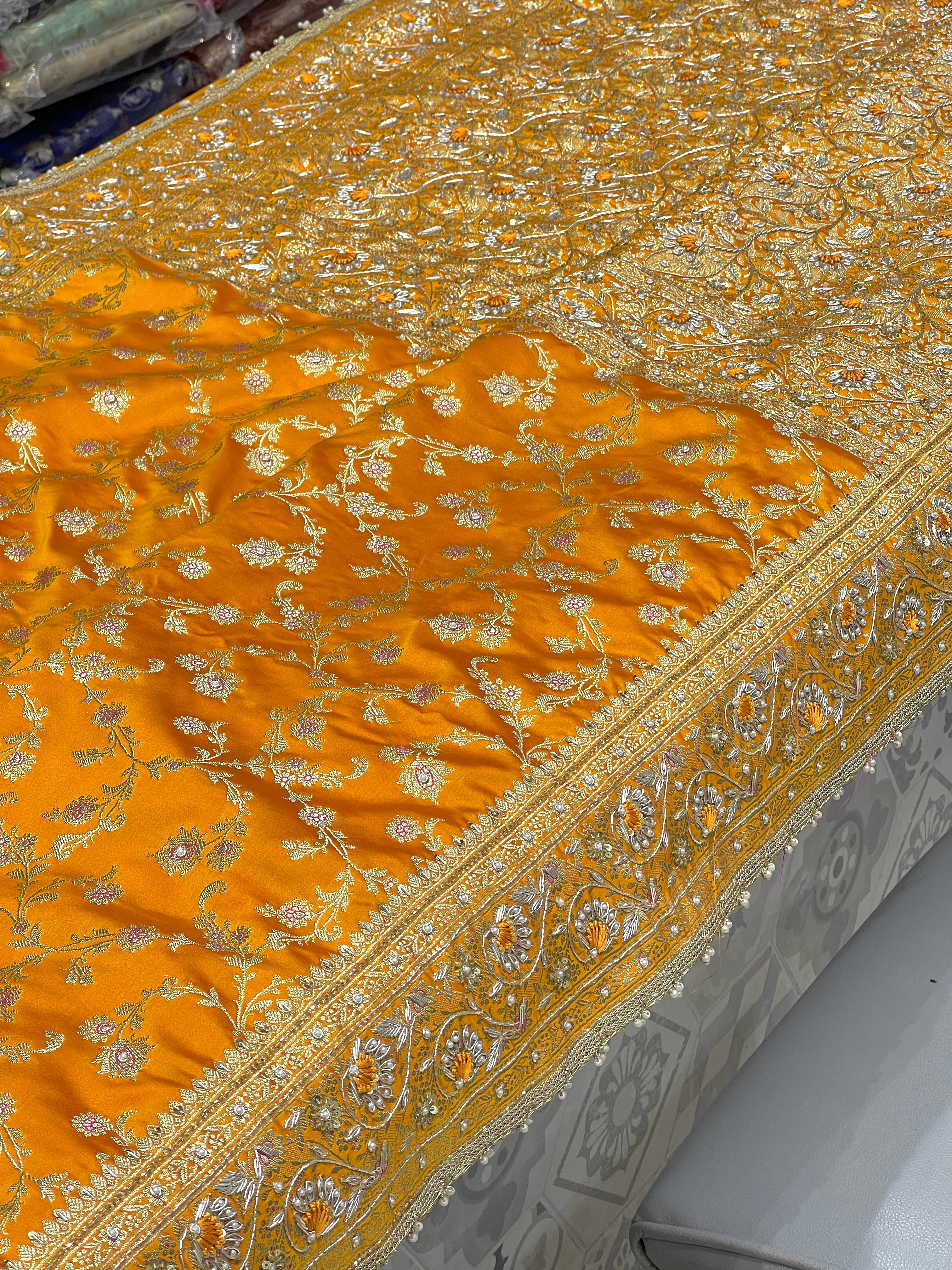 Mango Yellow Banarasi Resham Hand Embroidery Saree