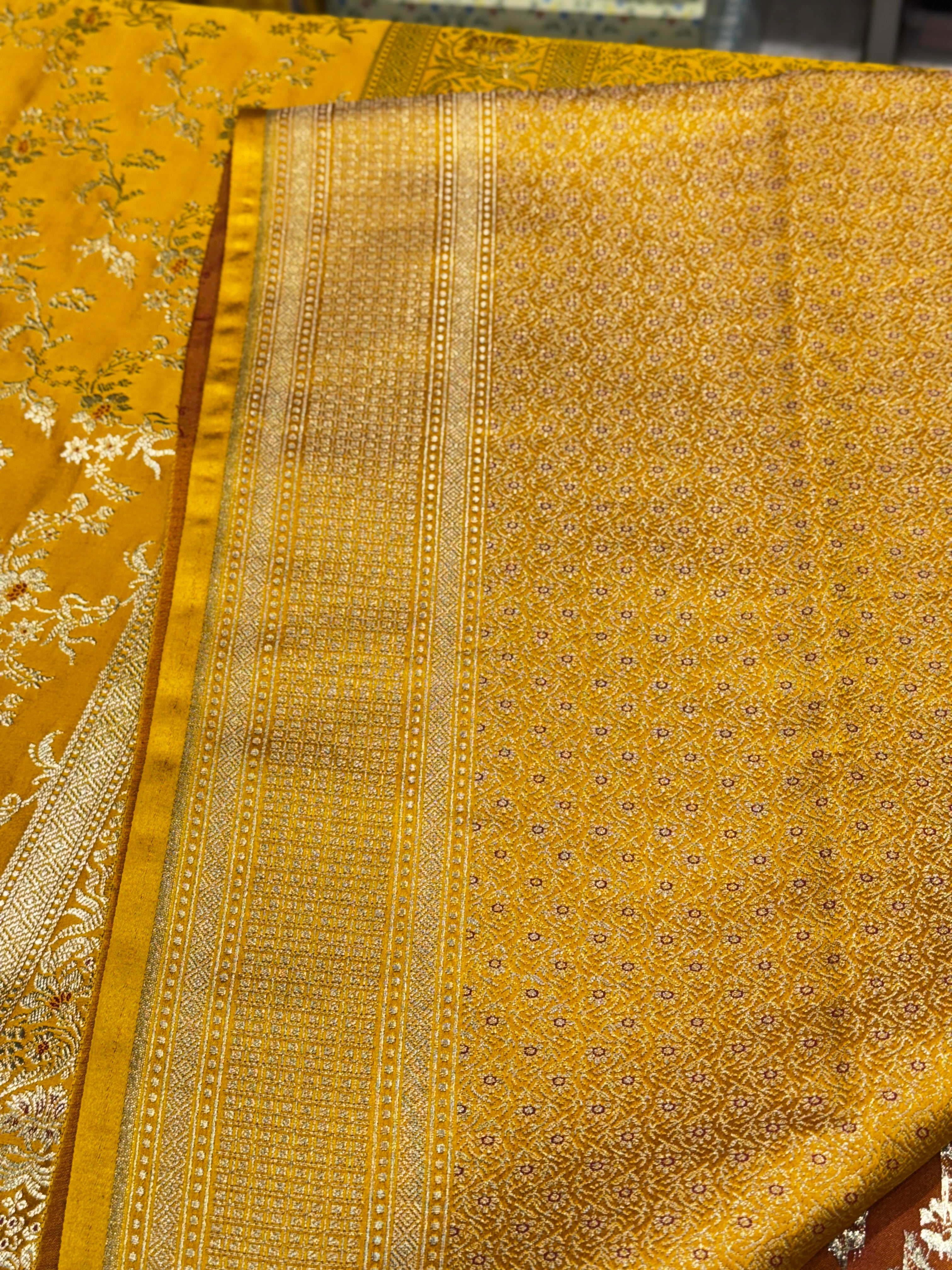 Yellow Banarasi Silk Meena Flower Saree