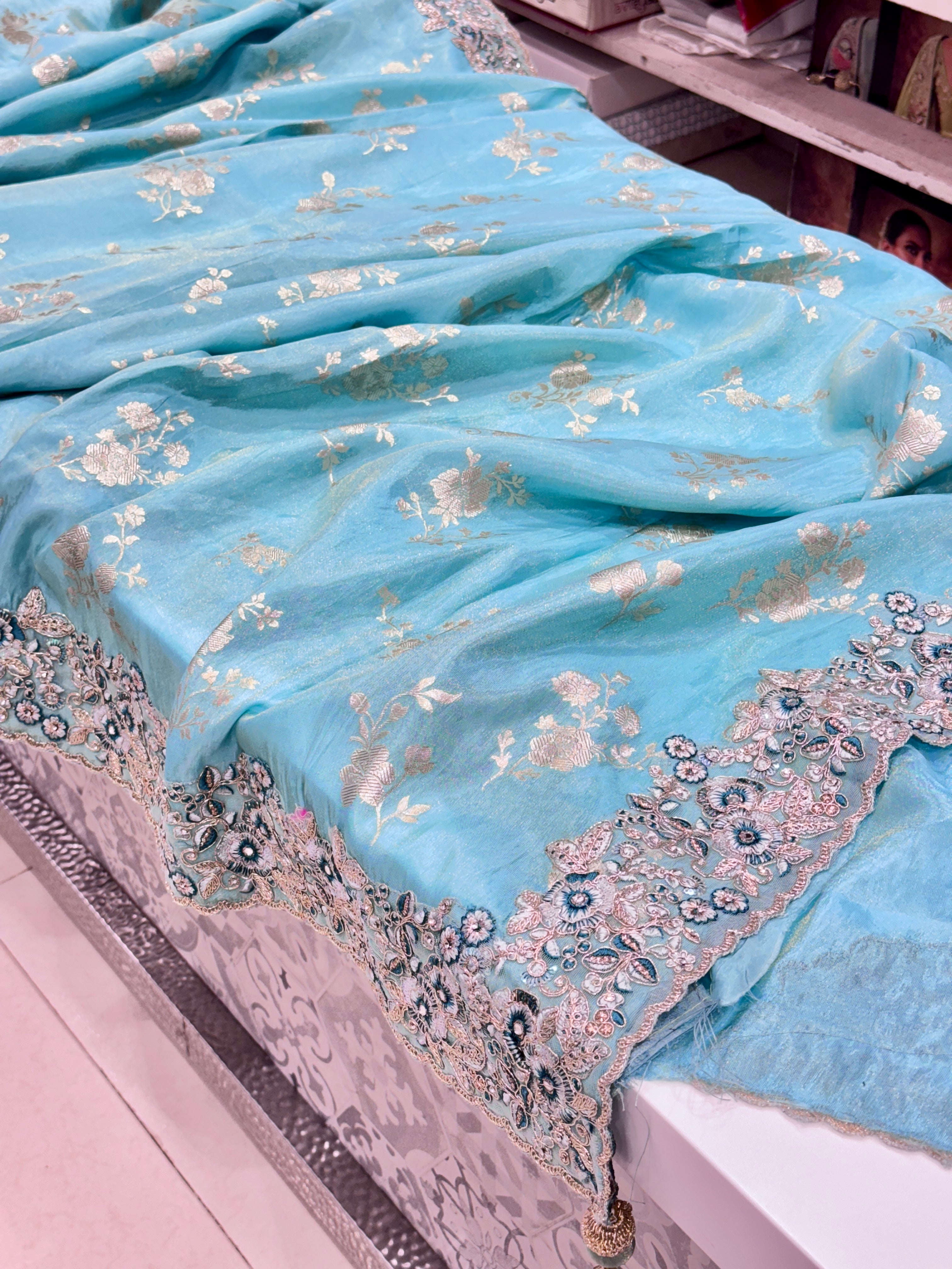 Sea Green Crepe Tissue Embroidery Saree