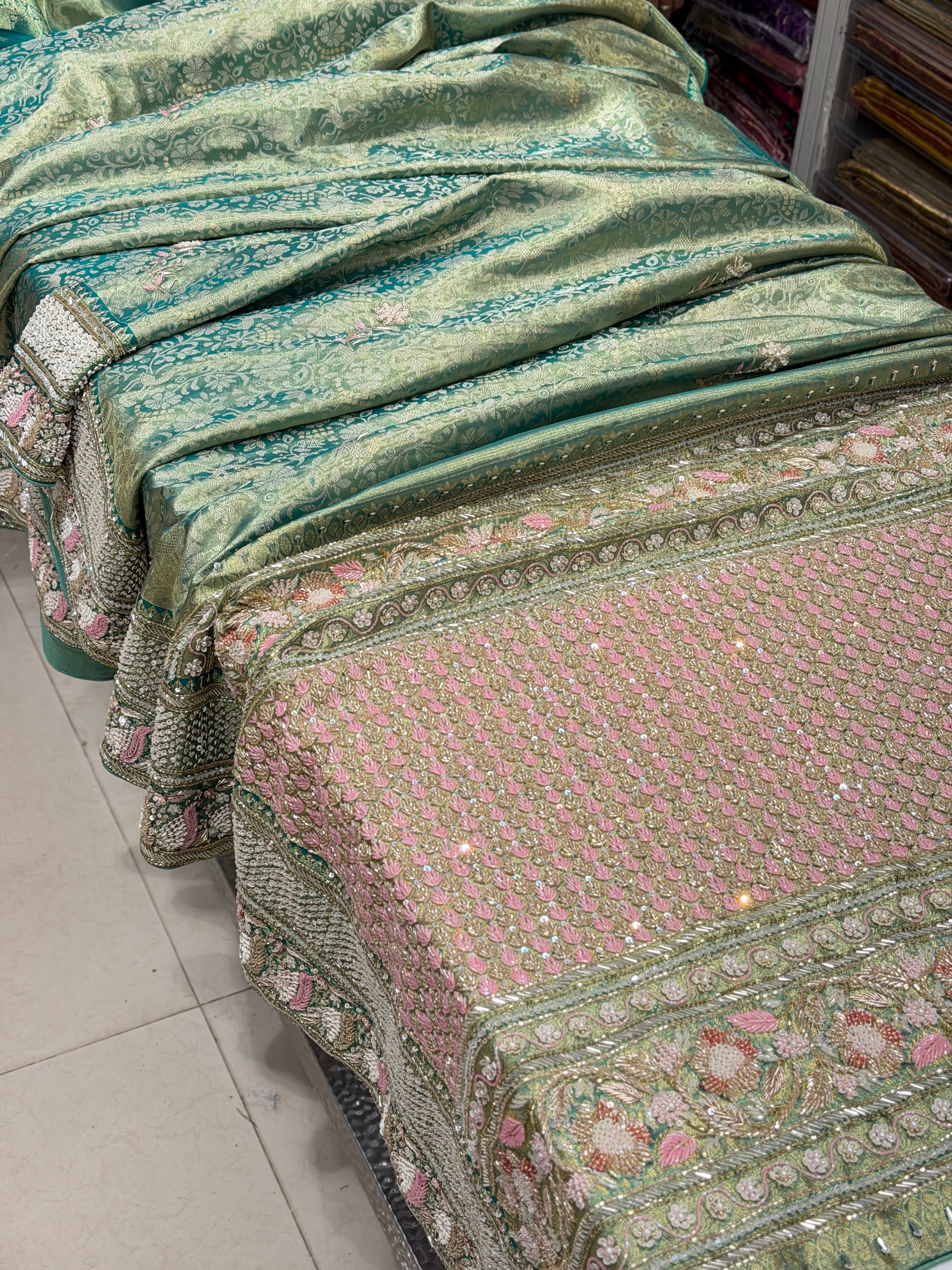 Pista Green Floral Tissue Kanjivaram Hand Embroidery Saree