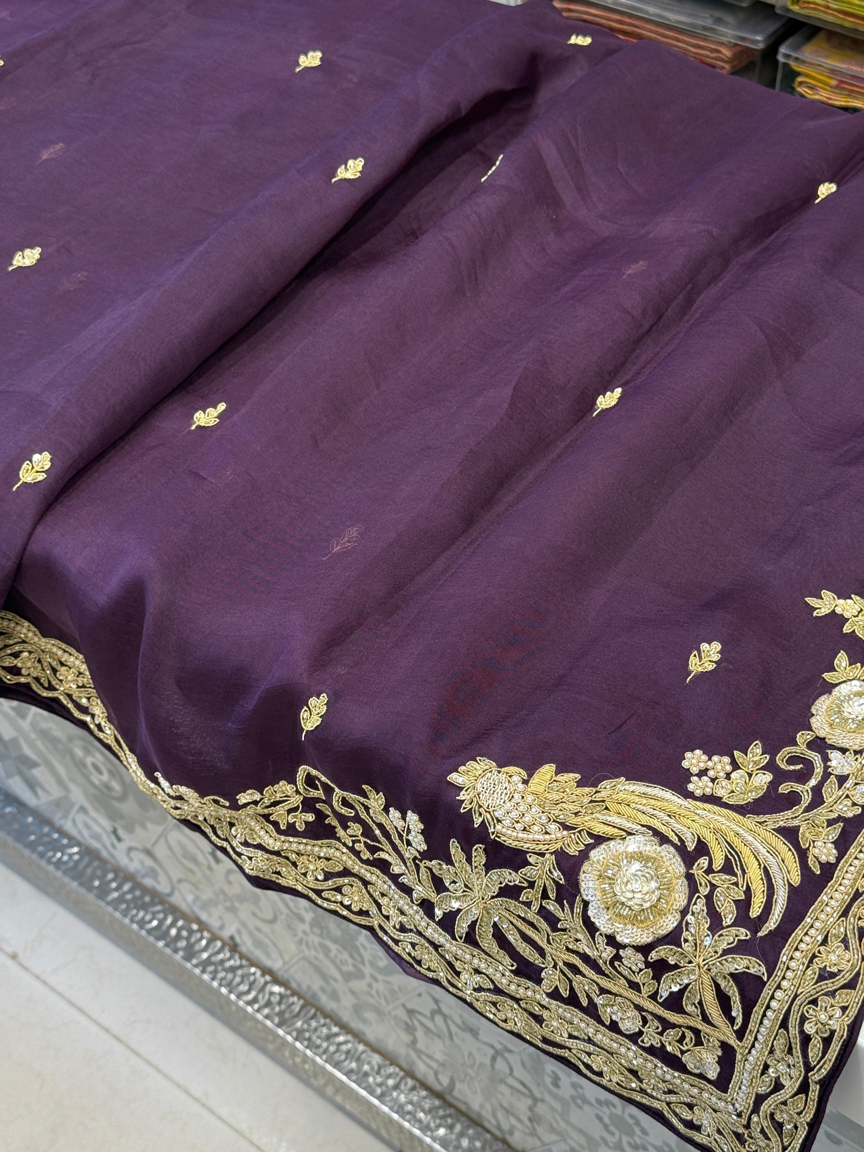 Dark Wine Organza Zardozi Hand Embroidery Saree