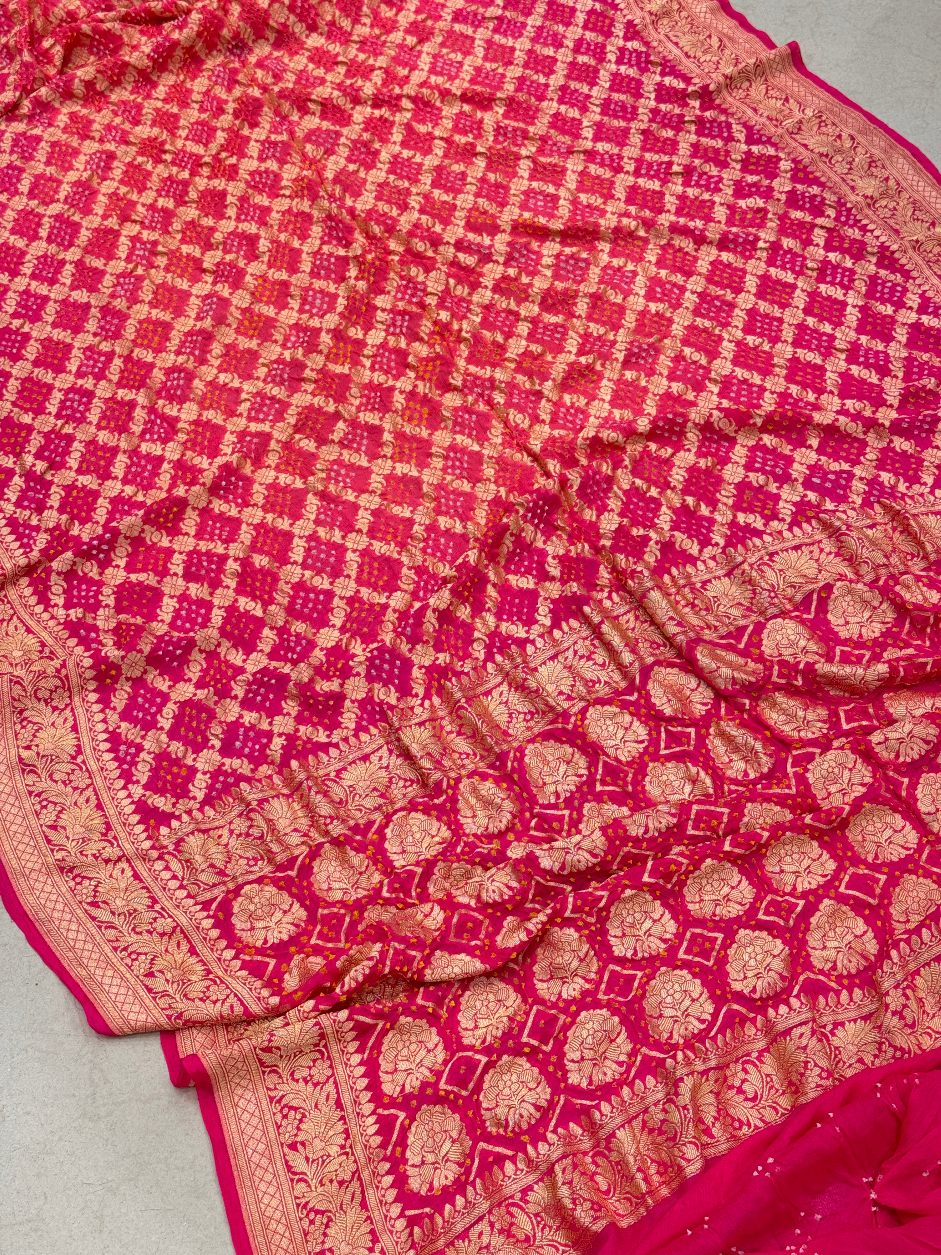 Strawberry Peach Shaded Bandhej Bandhini Saree