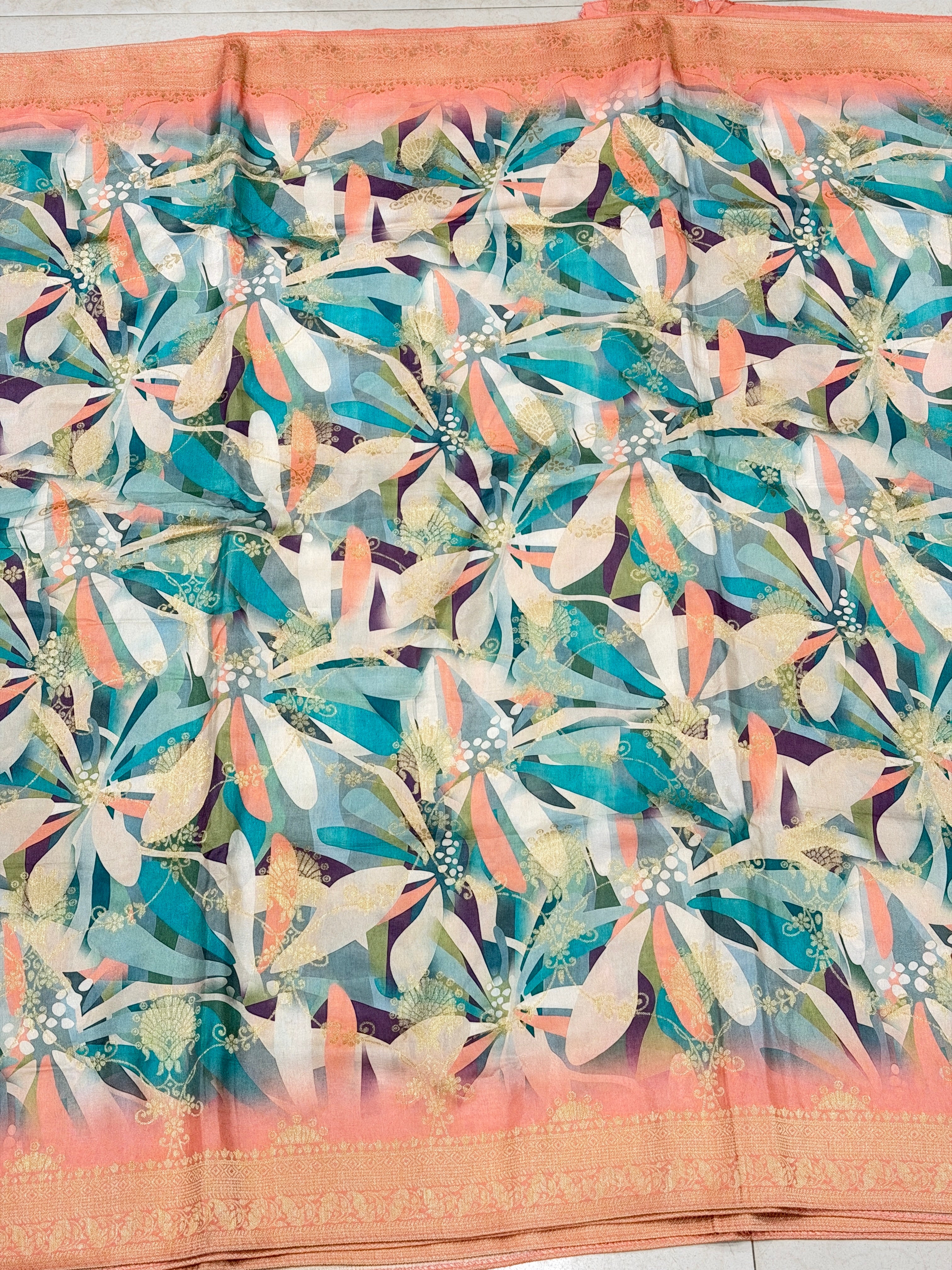 Abstract Floral Multi Colour Print Munga Soft Silk Saree