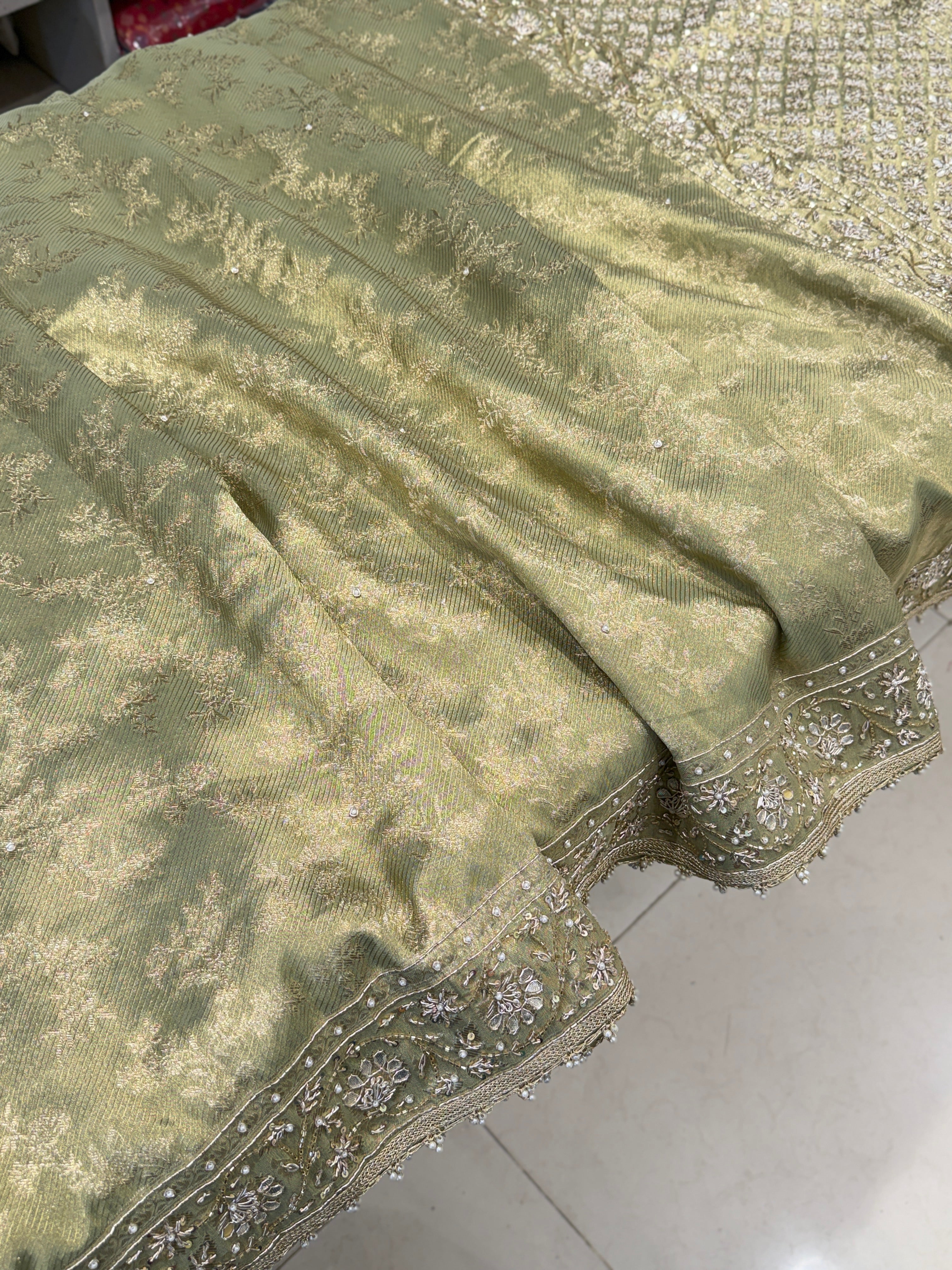 Pista Green Tissue Hand Embroidery Zardosi gota Saree