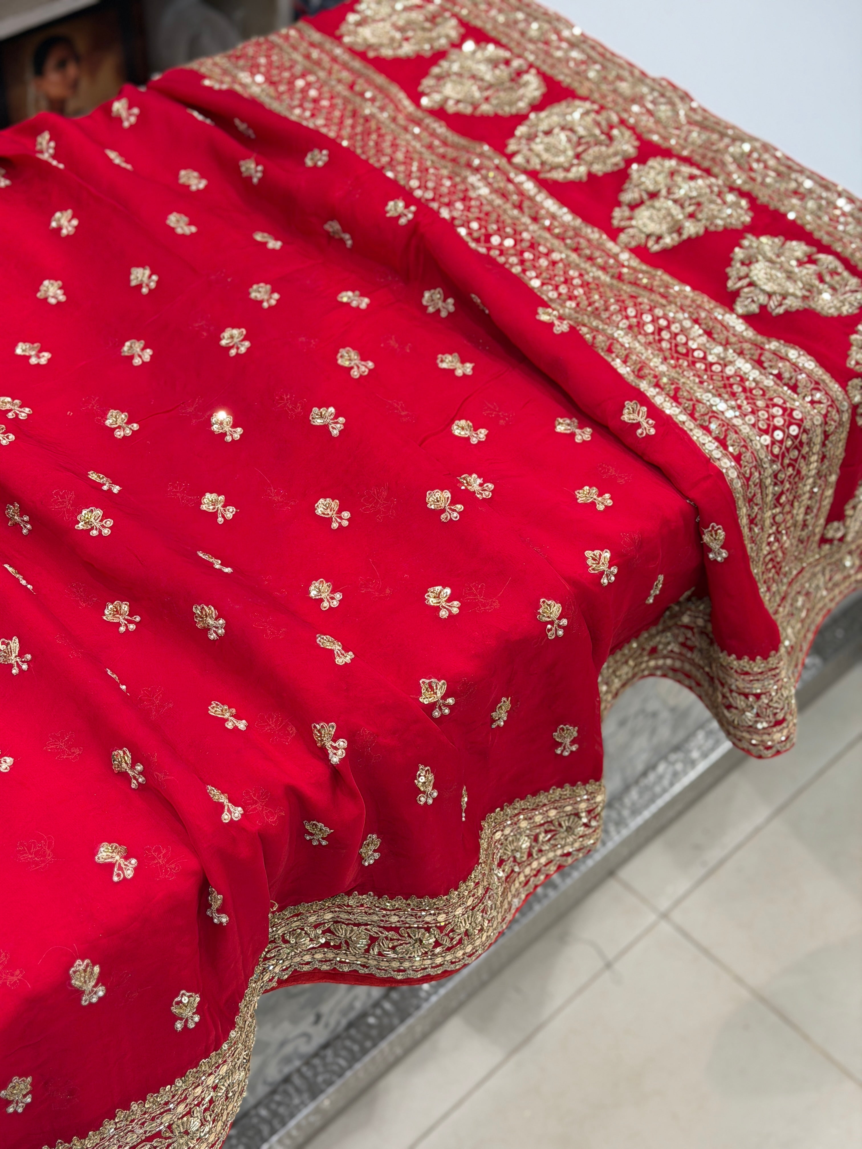 Red Satin Organza Sabyasachi Inspired Zardozi Butti Saree