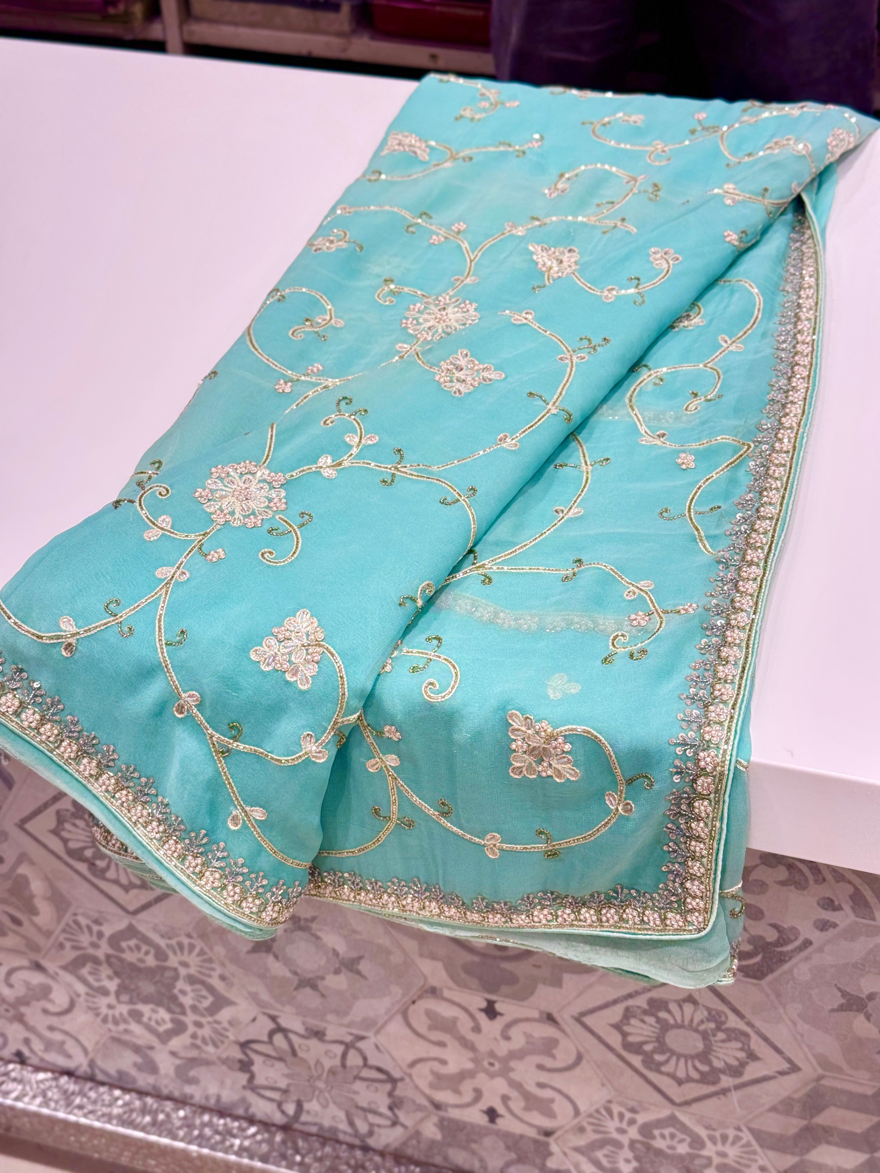Sea Blue Georgette Gotapatti Jaal Saree
