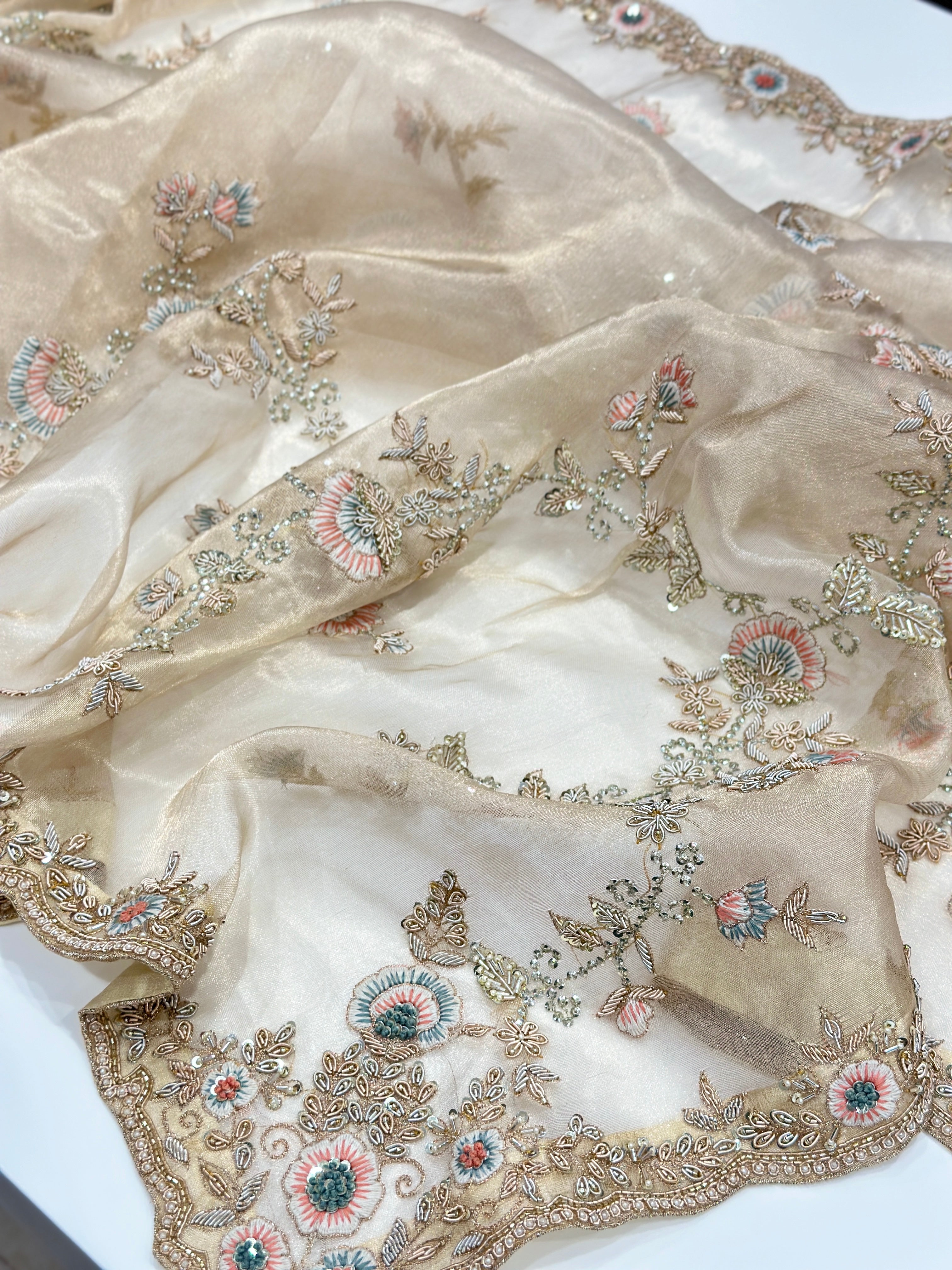 Light Gold Tissue Zardosi Resham Knot Hand Embroidery Saree