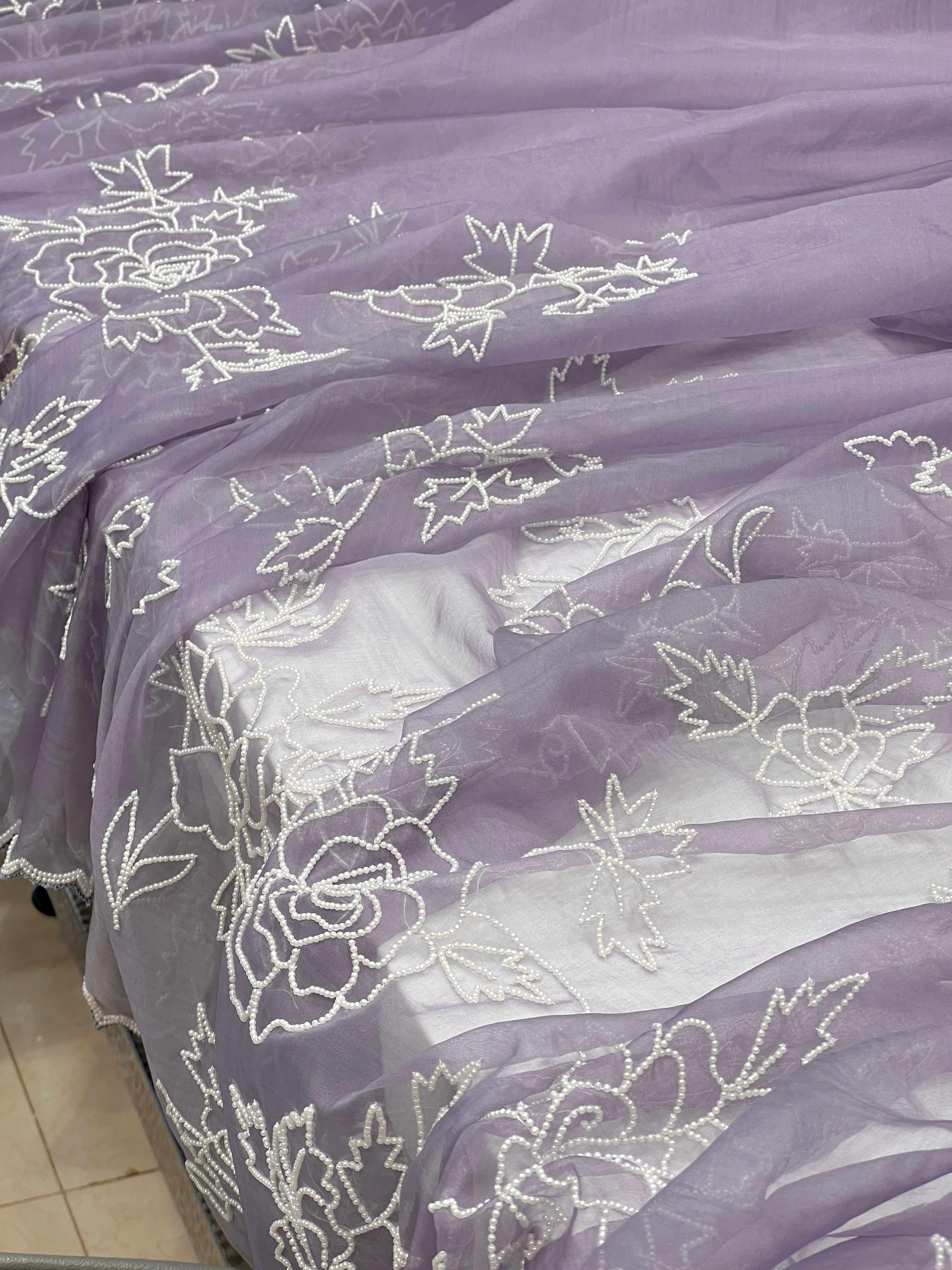 Dark Lilac Organza Moti Hand Embroidery Saree