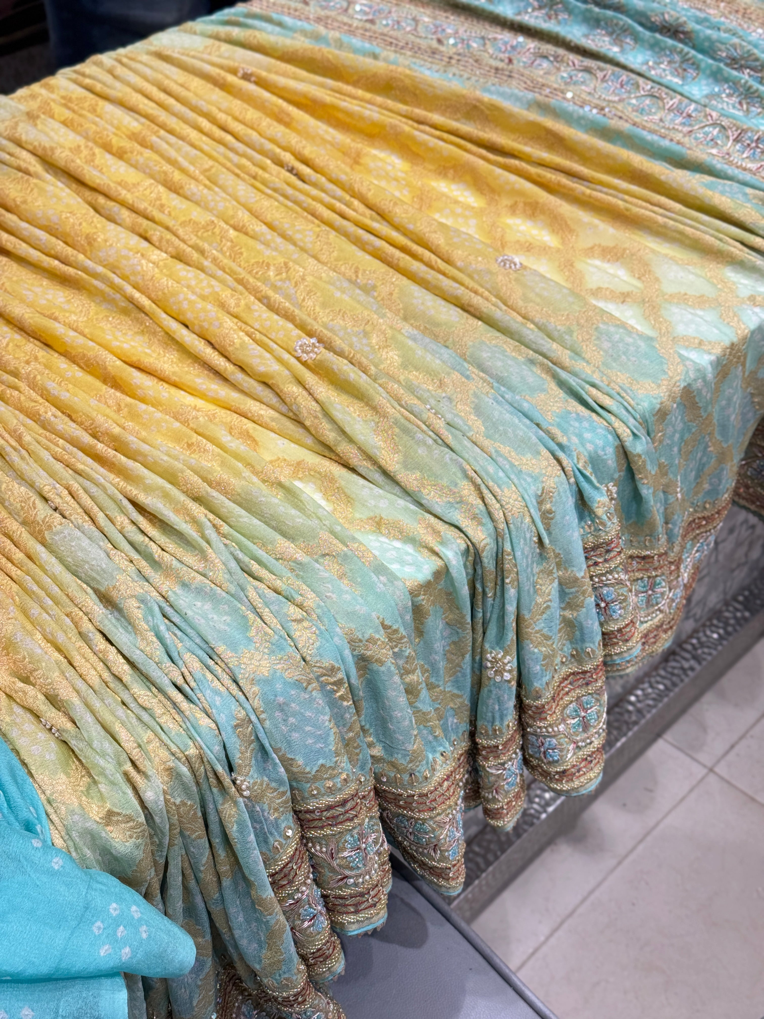 Pastel Shaded Bandhej Hand Embroidery Saree