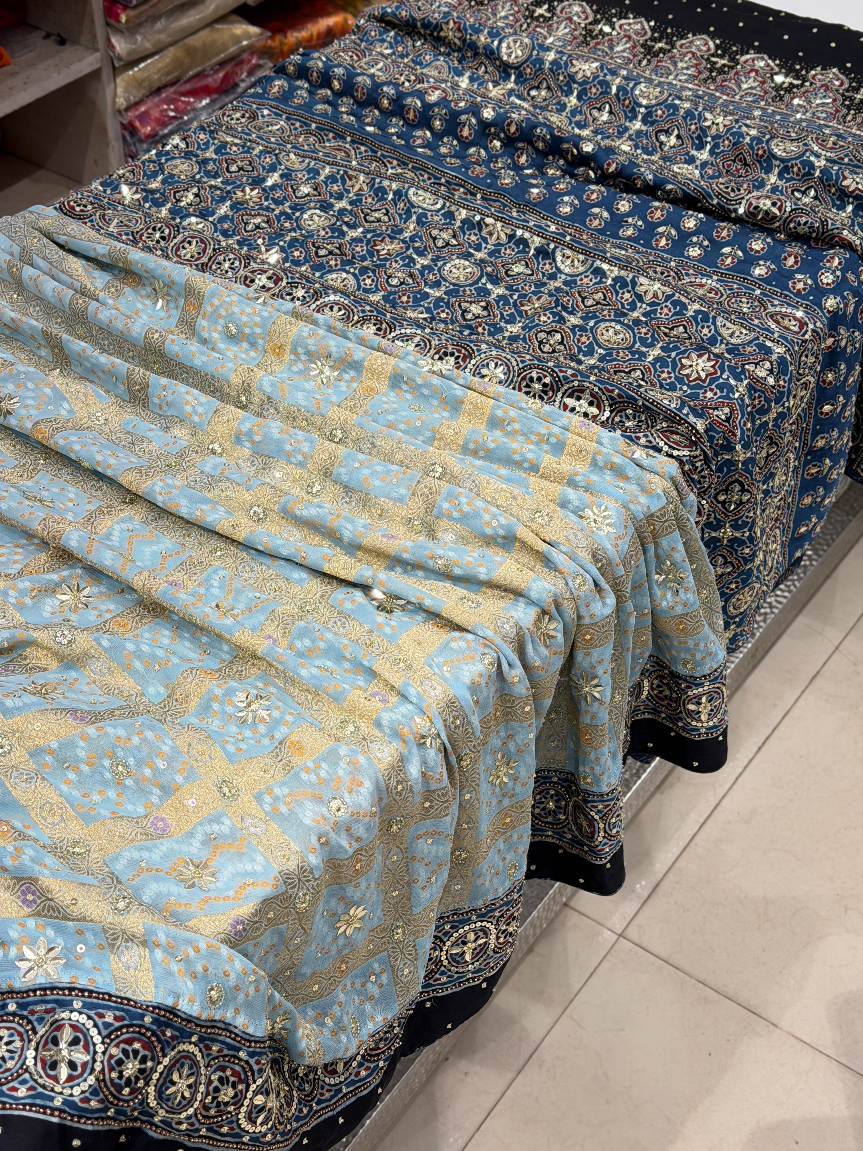 Light Blue Gharchola Georgette Ajrakh Hand Embroidery Saree