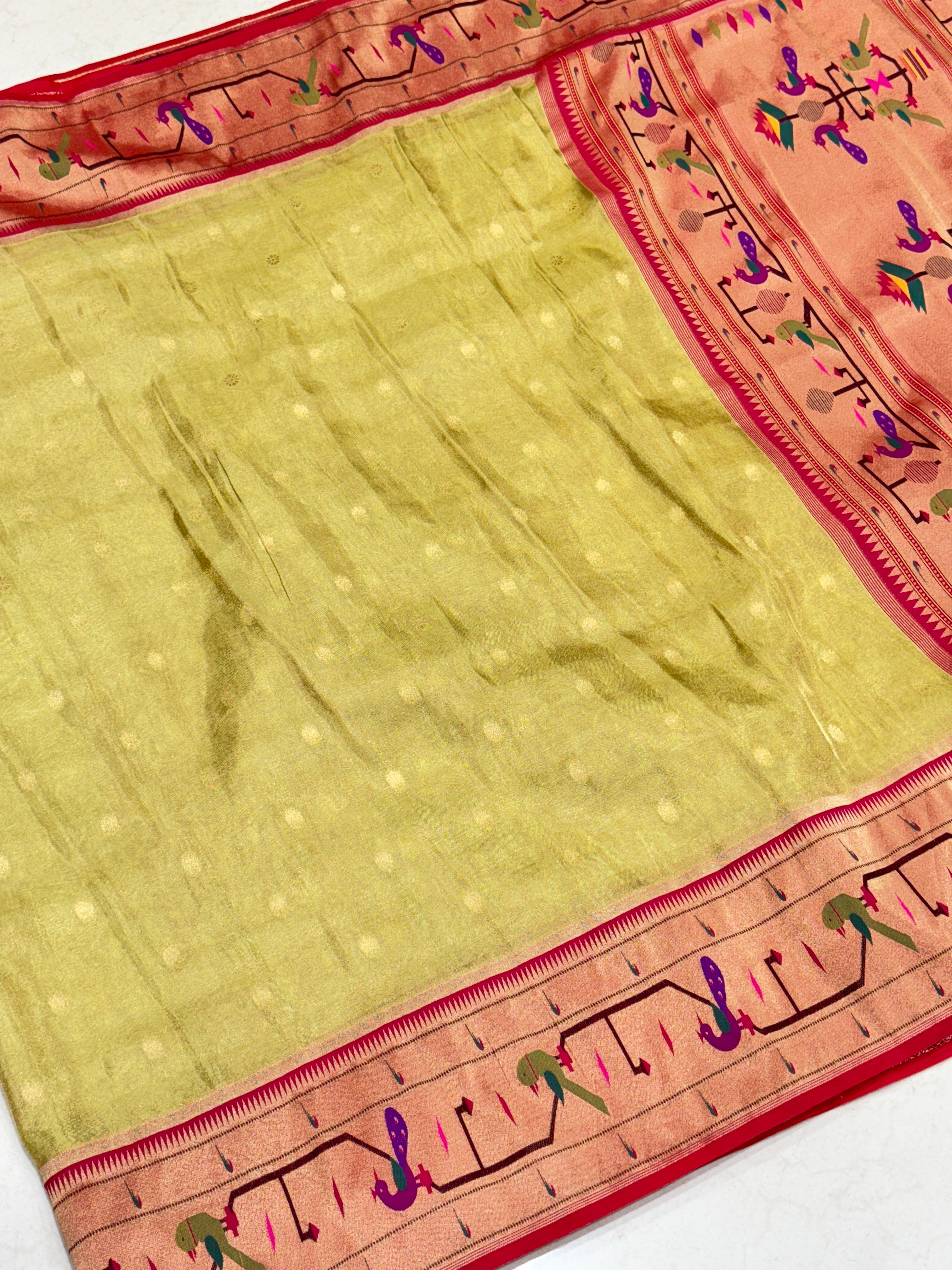 Neon Tissue Paithani Peacock Parrot Border Saree