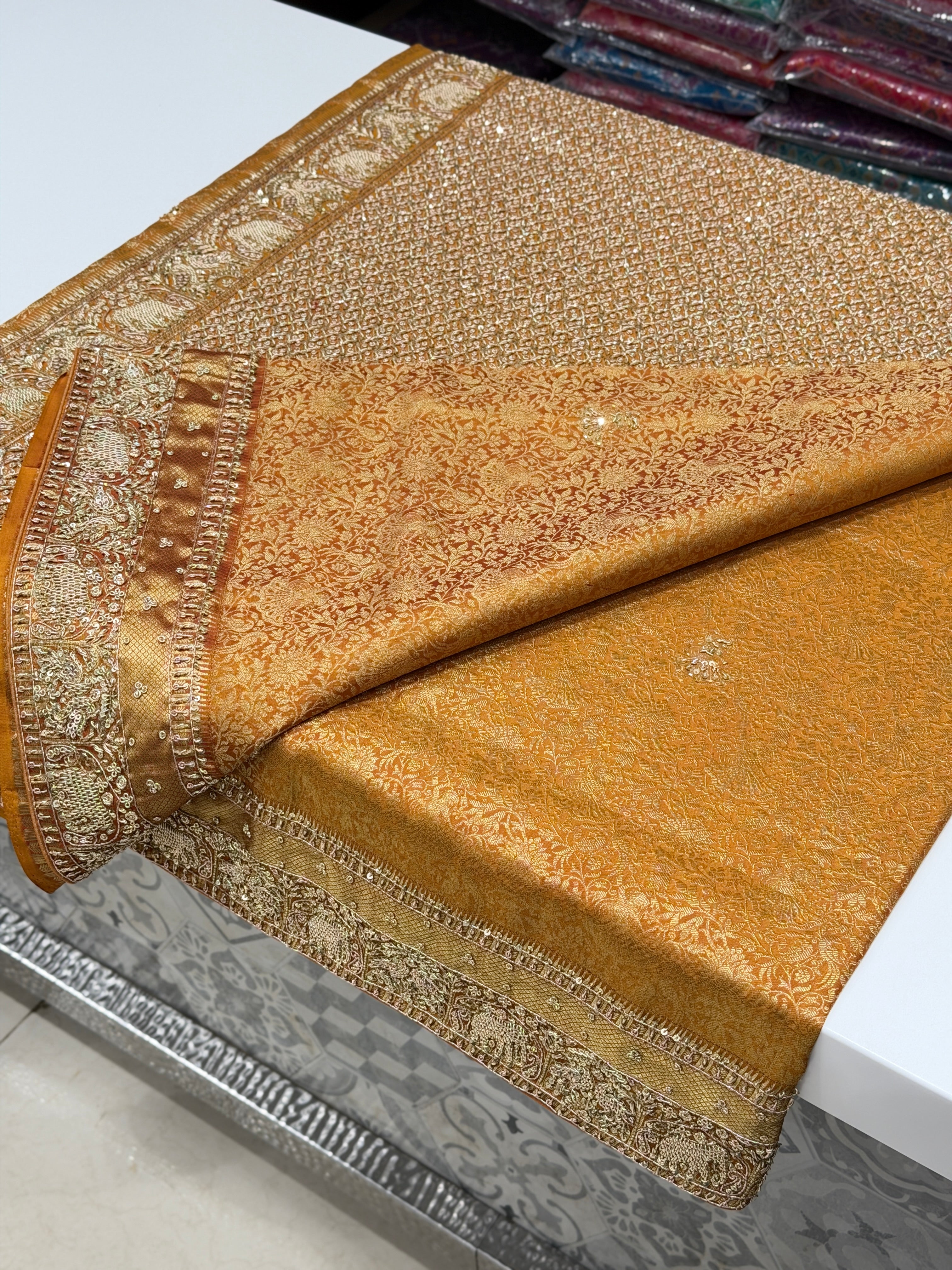 Mustard Yellow Kanjivaram Elephant Motif Hand Embroidery Zardosi Saree