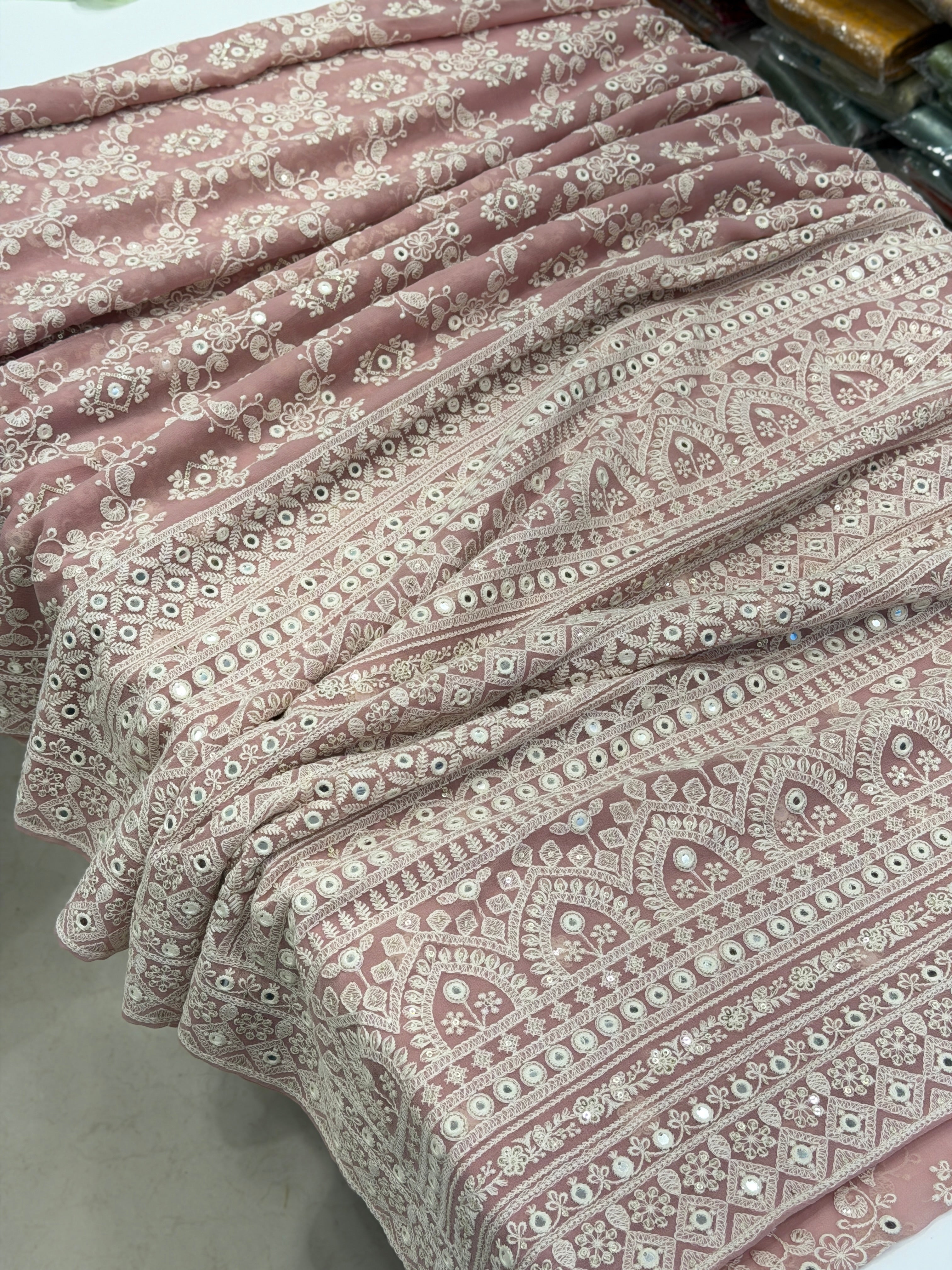 Blush Pink Georgette Chikankari Gota Mirror Resham Saree