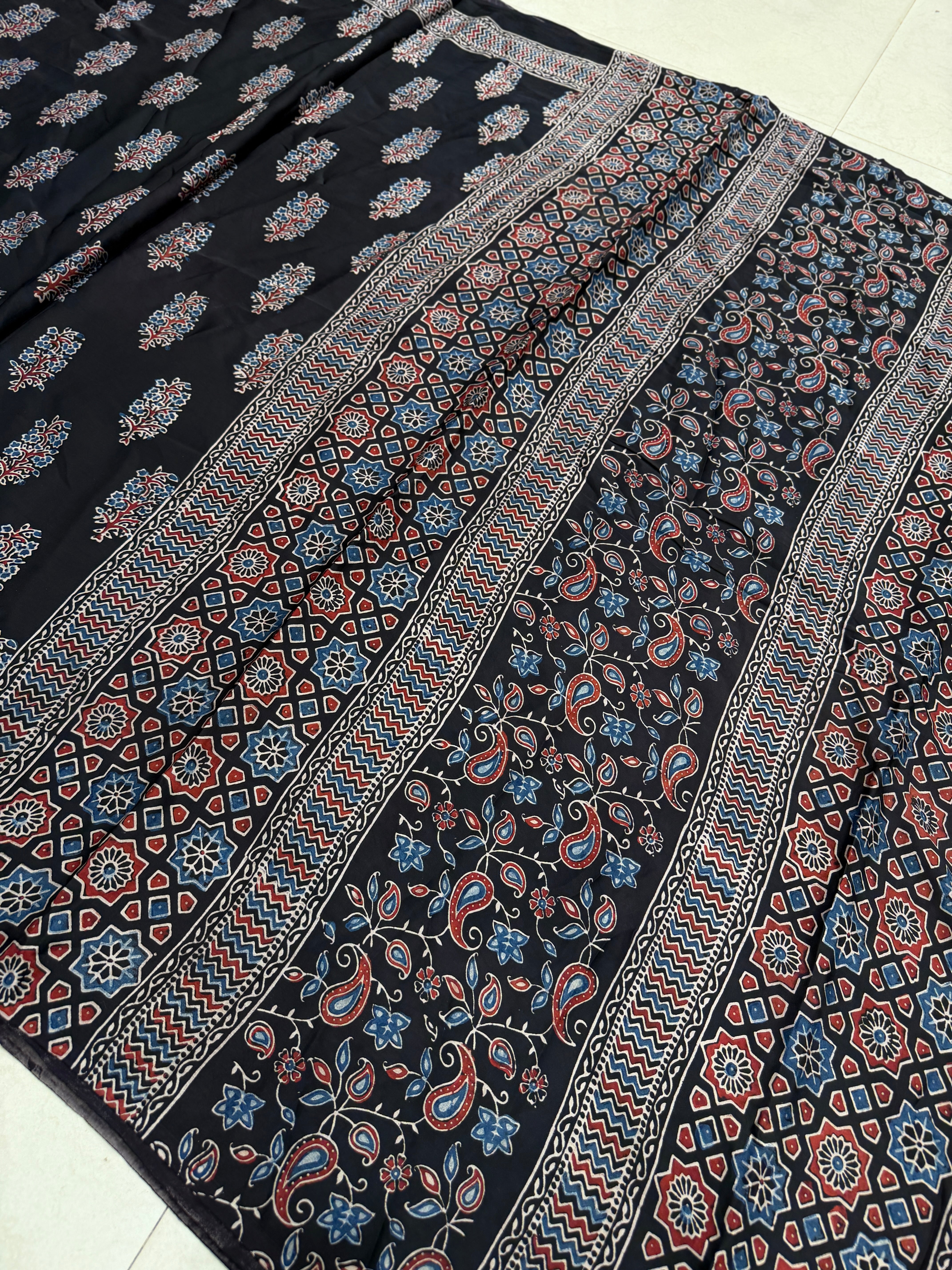 Black Tree Butta Ajrakh Hand Block Print Pure Gajji Silk Saree