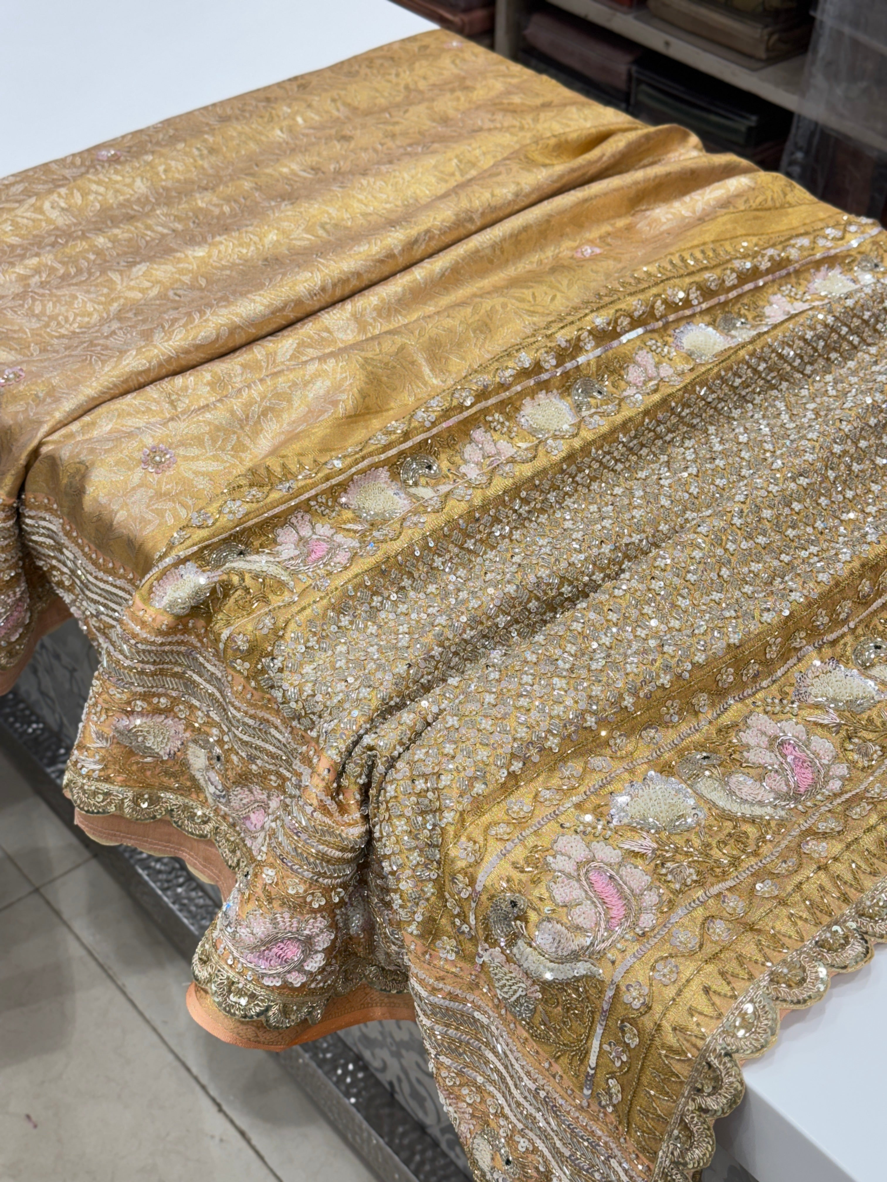 Peach Kanjivaram Motif Hand Embroidery Saree