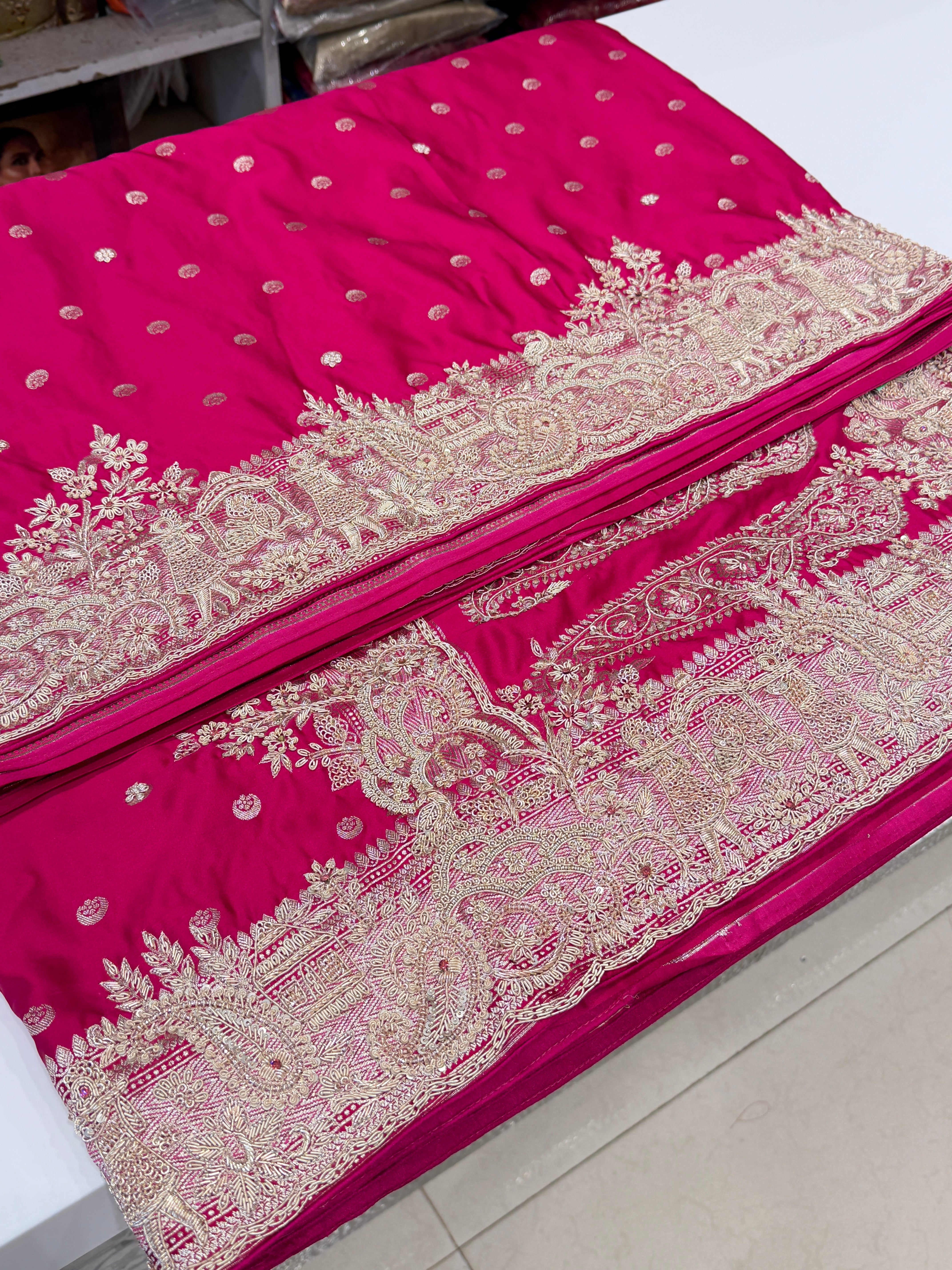 Rani Pink Banarasi Chand Butti Zardosi Doli Edit Hand Embroidery Saree