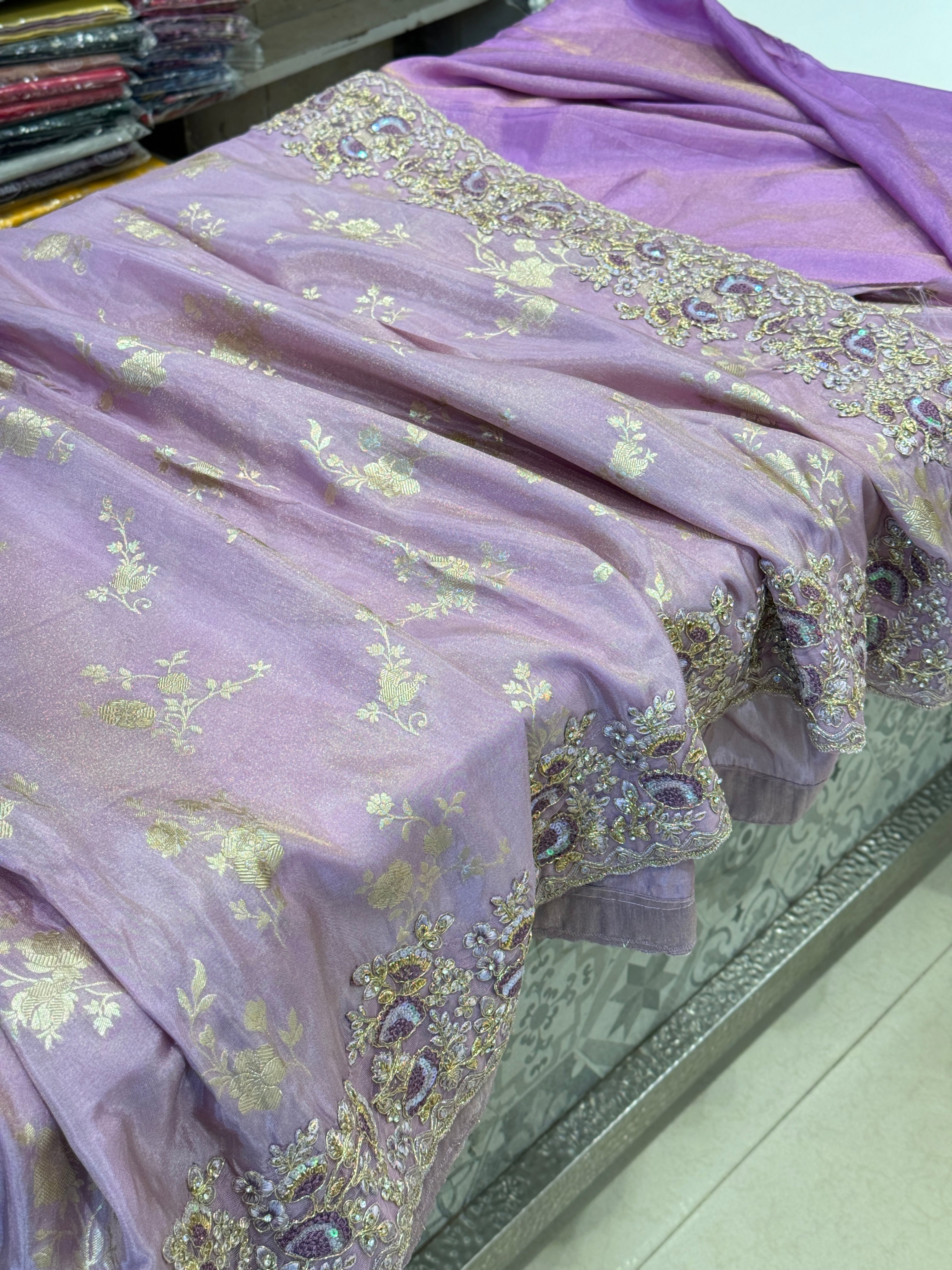 Lilac Tissue Crepe Embroidery Saree