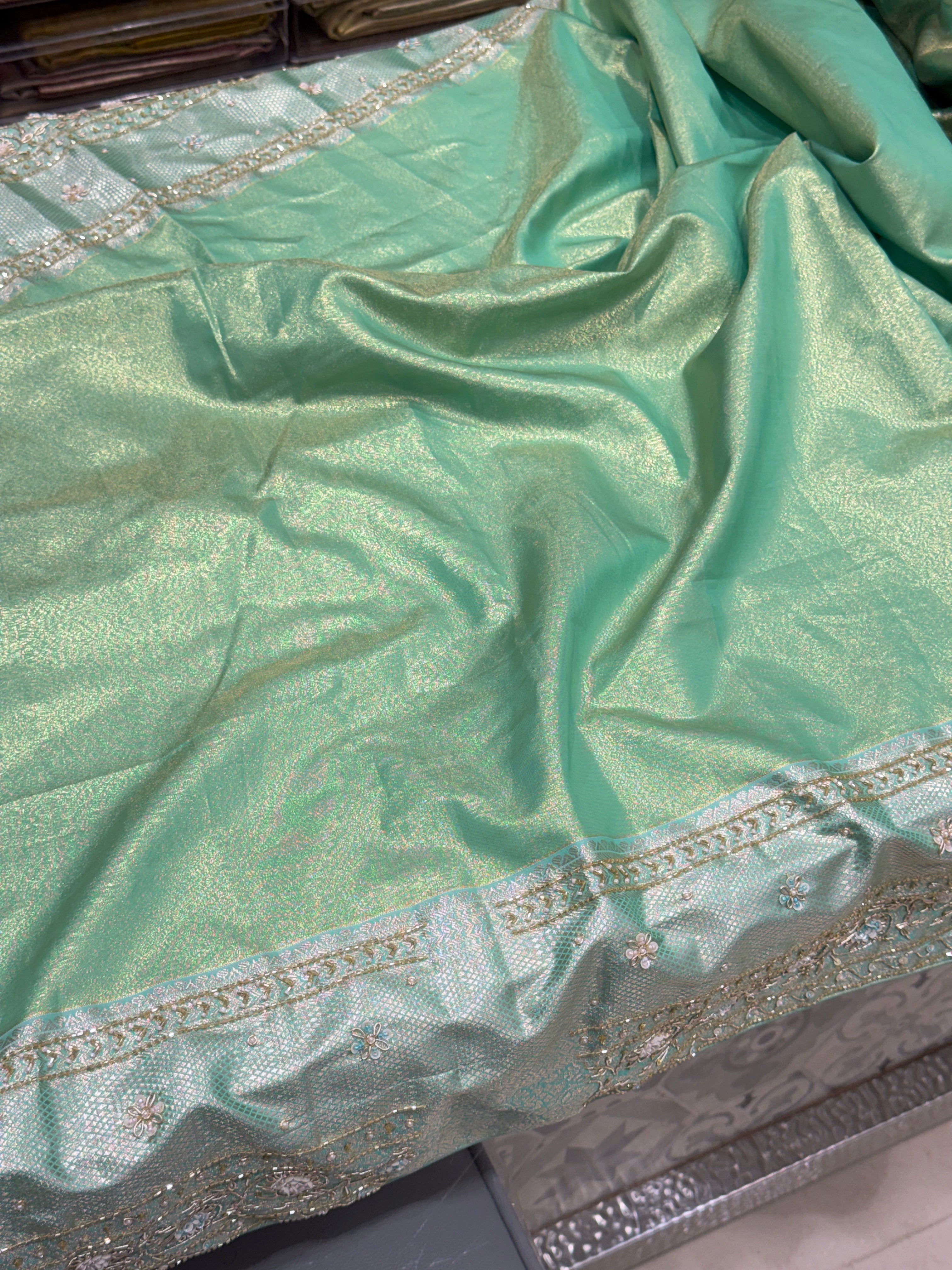 Pista Green Tissue Kanjivaram Hand Embroidery Saree
