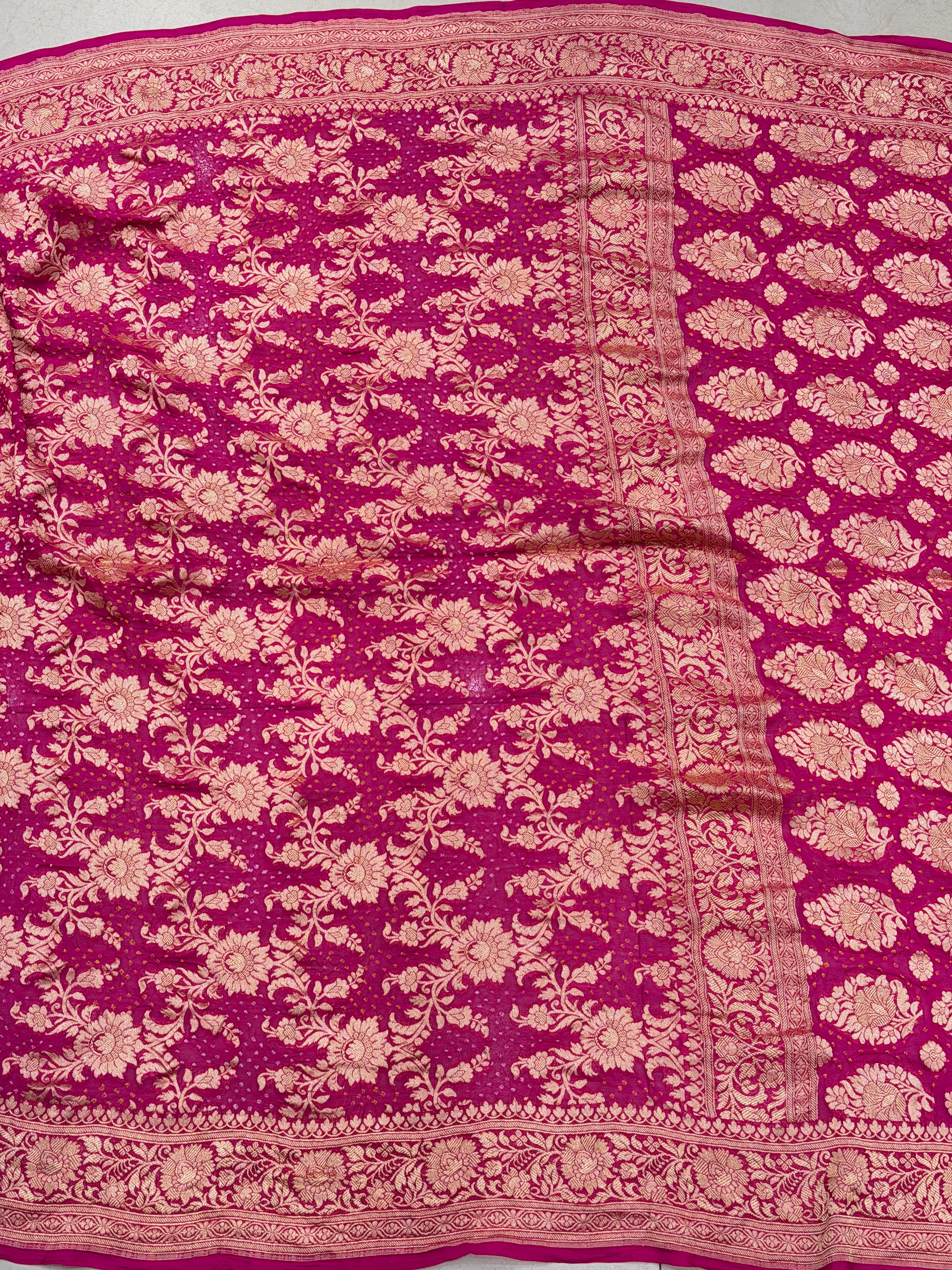 Rani Pink Georgette Handloom Bandhej Bandhini Saree