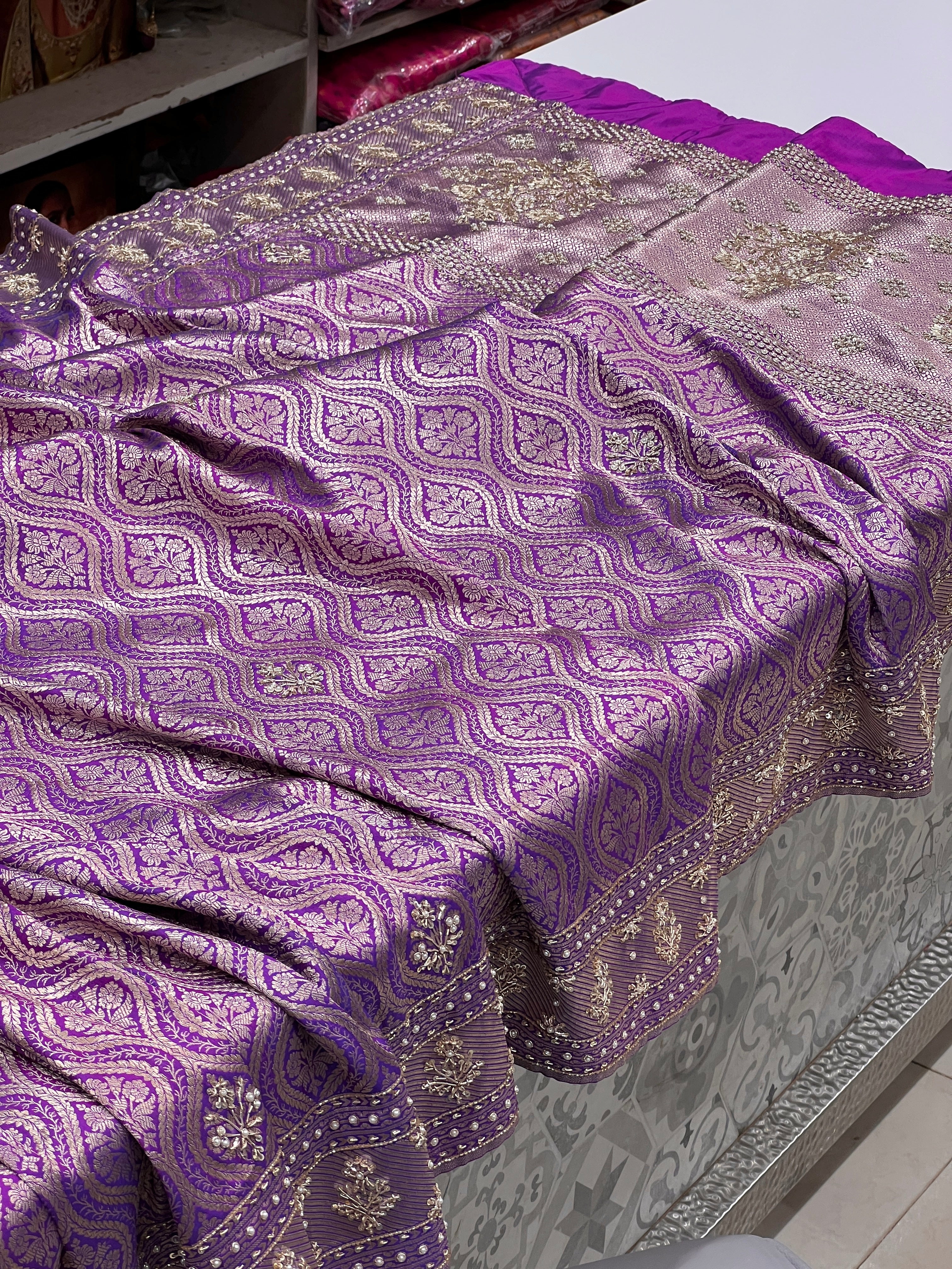 Purple Katan Silk Hand Embroidery Saree