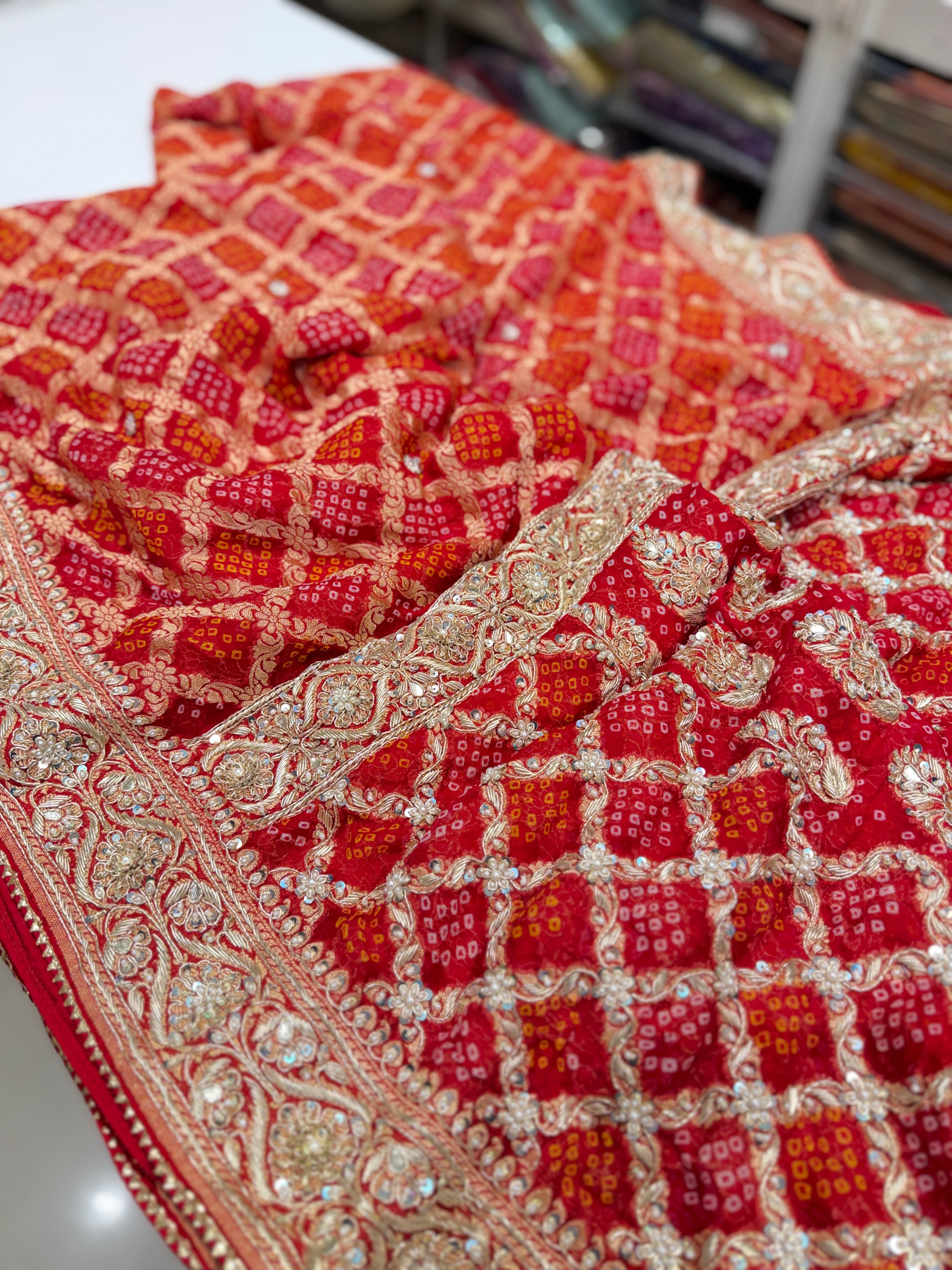 Red Rai Bandhej Georgette Saree Zardosi Hand Embroidery Saree