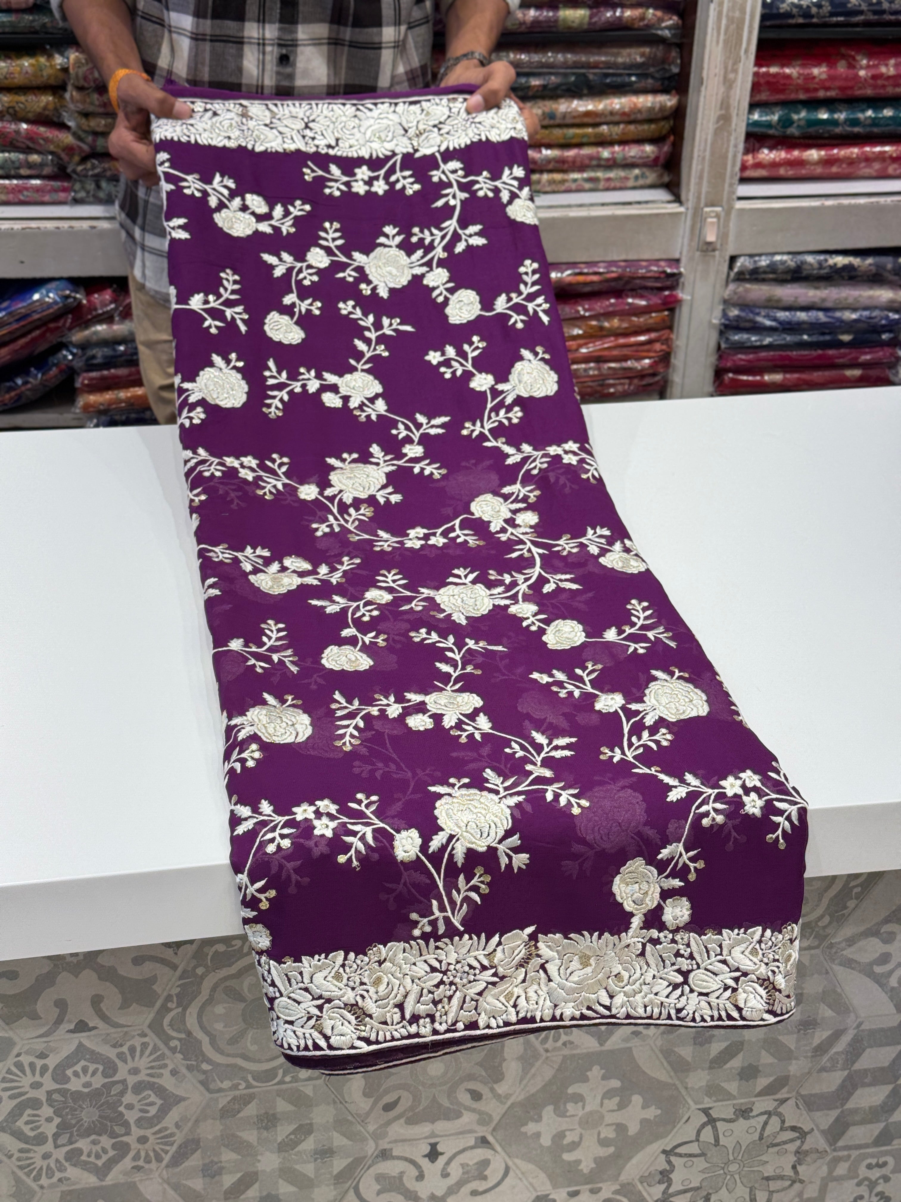 Violet Floral Parsi Gara Jaal Saree