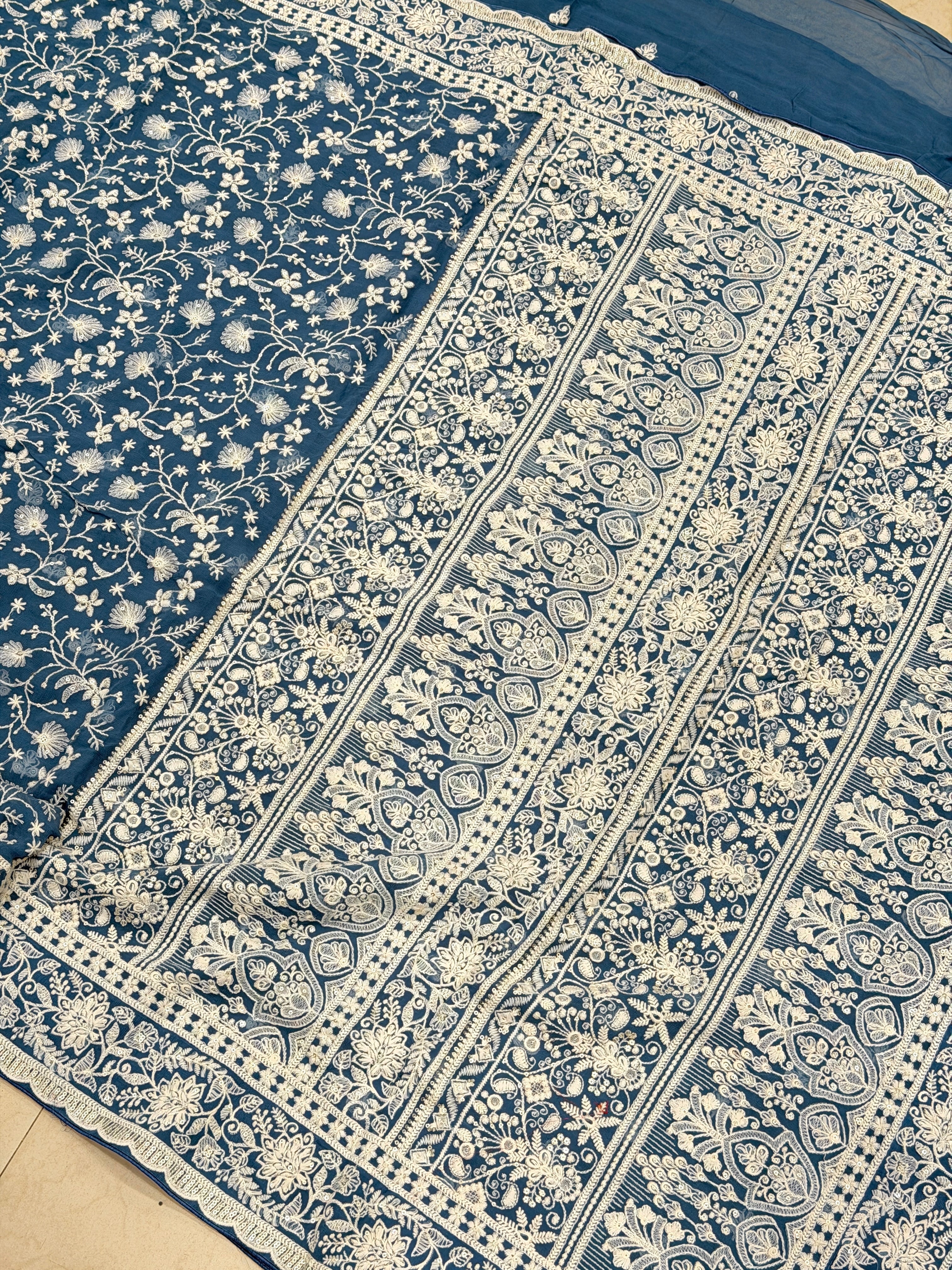 Blue Georgette Chikankari Resham Saree
