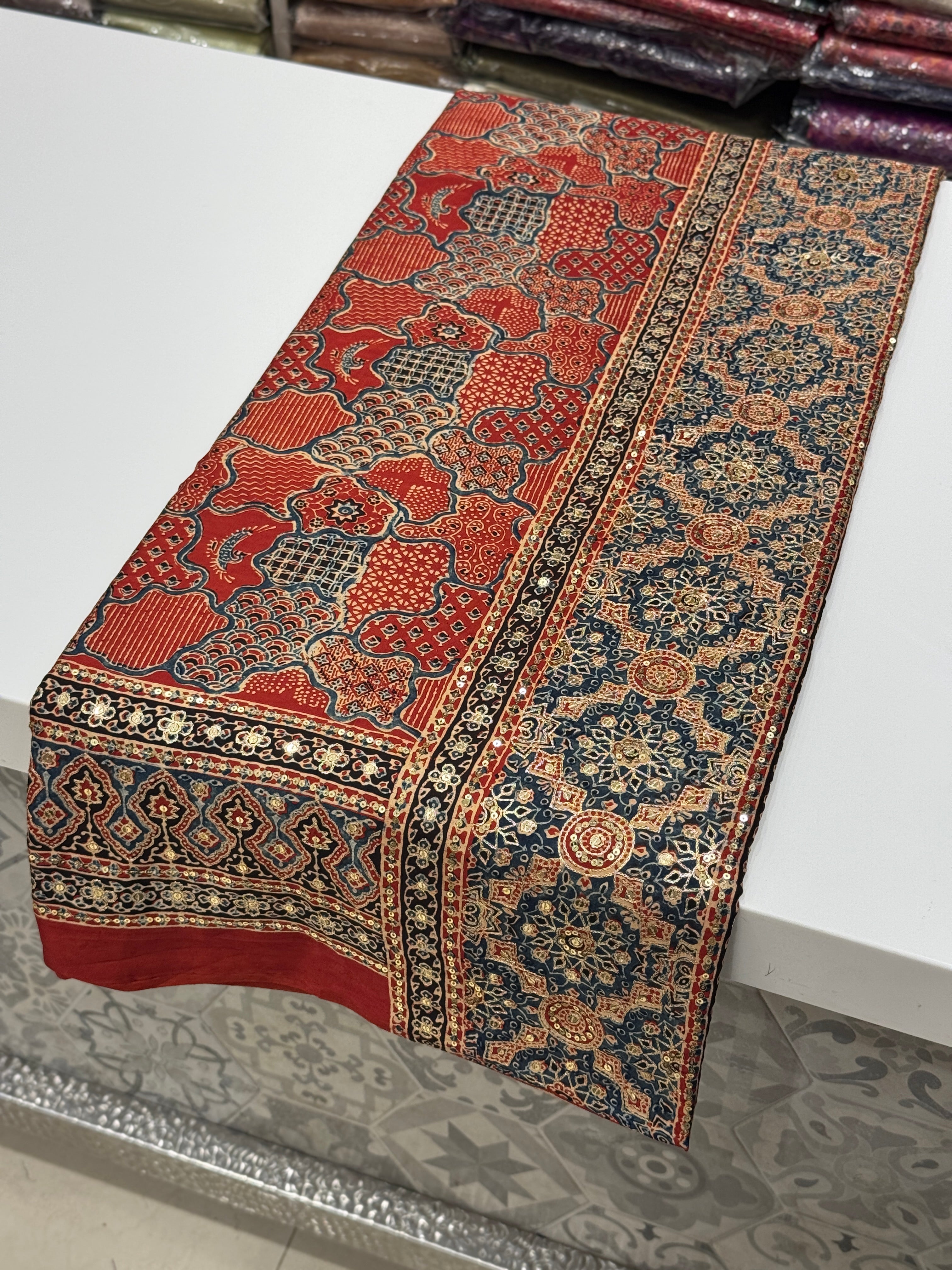 Red Blue Abstract Pita Sequin Ajrakh Hand Embroidery Saree